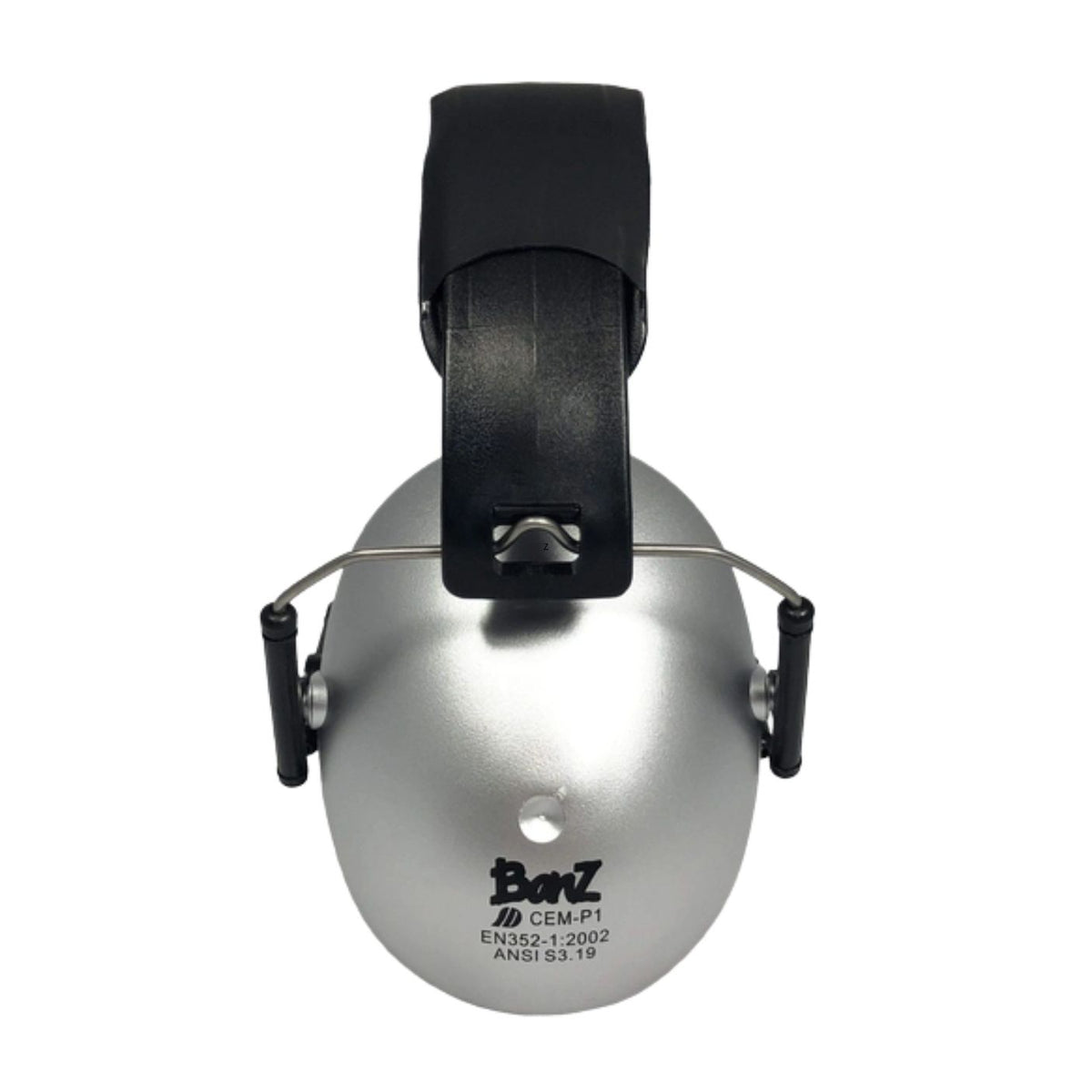 A pair of metallic silver over-ear hearing protection earmuffs with a black adjustable headband and black ear cups, featuring the 'Banz' brand logo printed on the front.