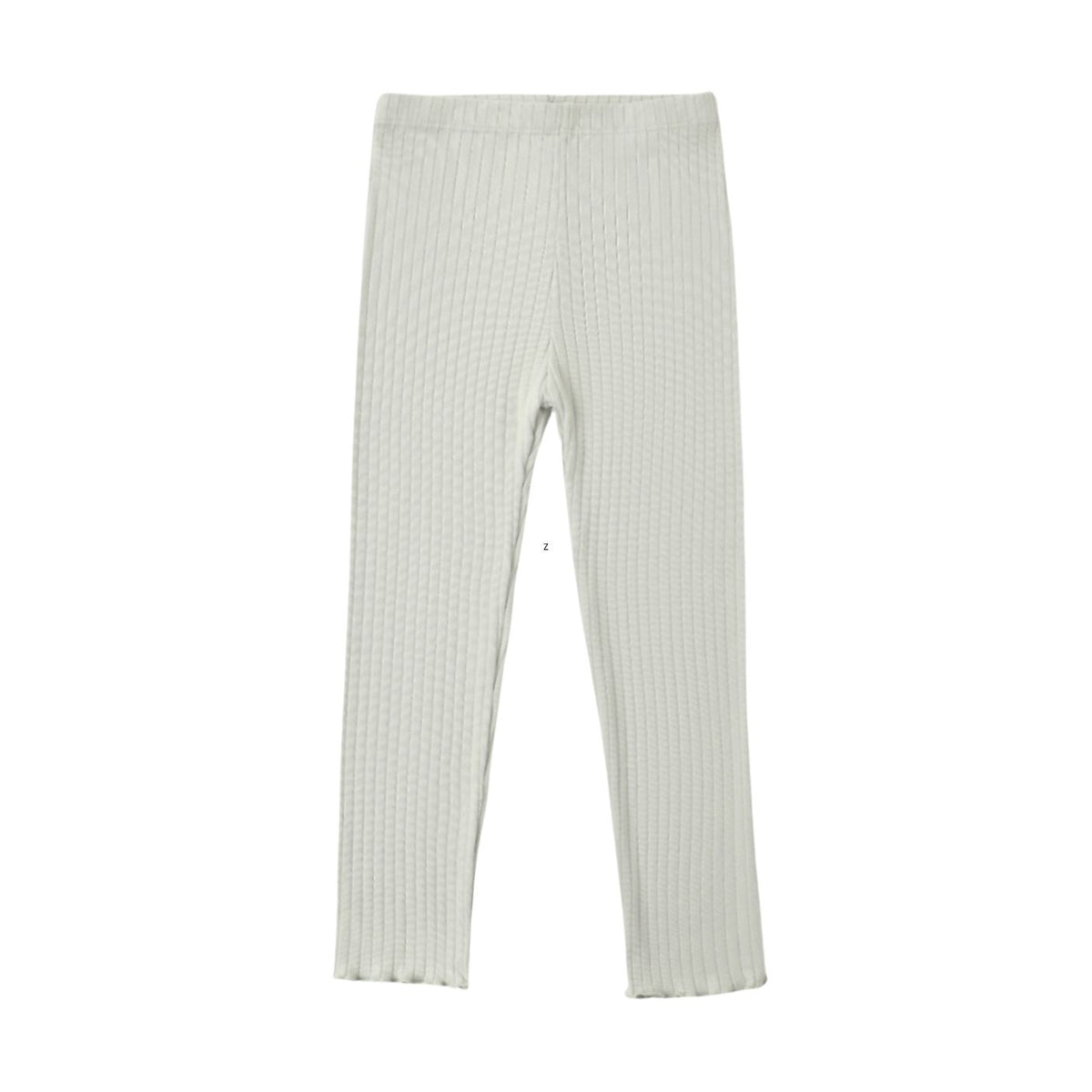 A pair of ribbed knit leggings in a light sage green color, shown flat against a solid white background.