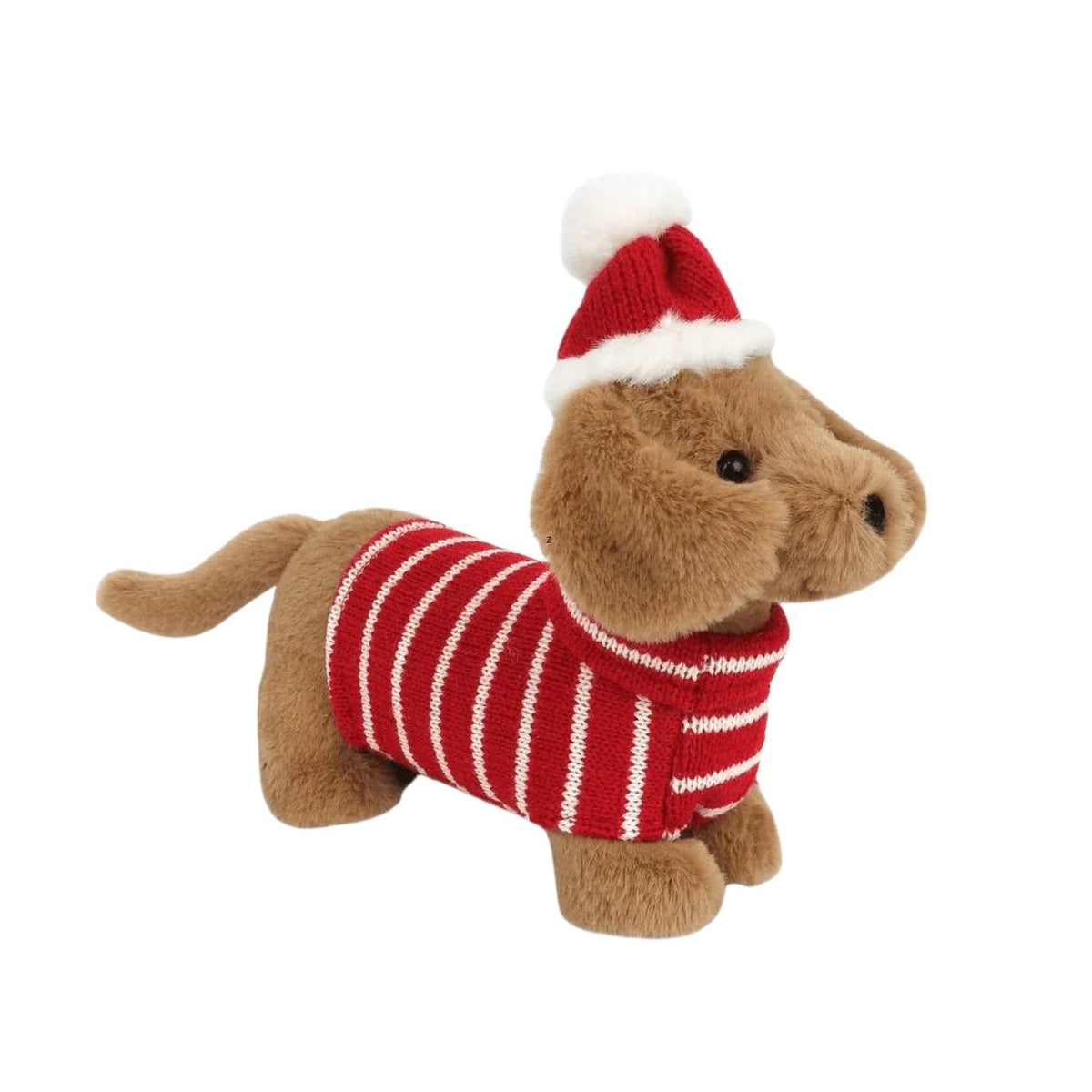 A small brown plush dog wearing a red and white striped knit sweater and a matching Santa hat, photographed on a plain white background.