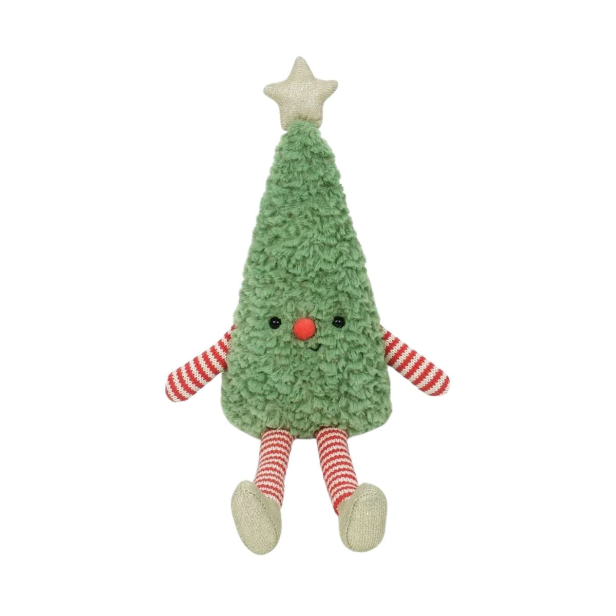 A plush Christmas tree toy with a textured green body, red and white striped arms and legs, a small red nose, and a cream star on top, shown against a plain white background.