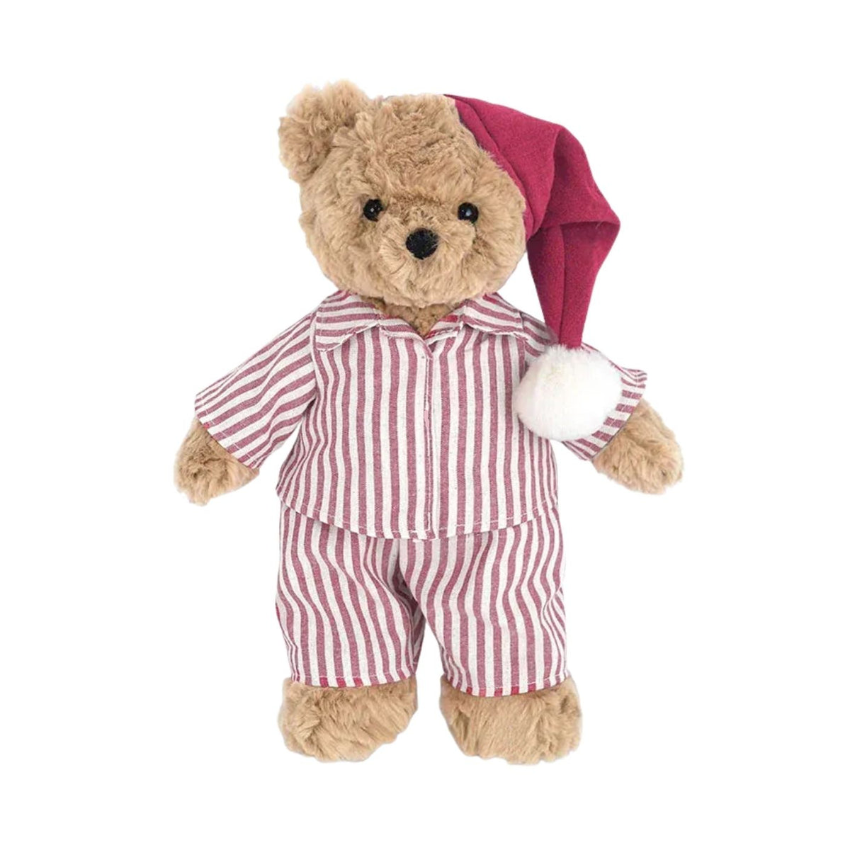 A plush teddy bear wearing a pink and white vertically striped pajama set and a dark pink Santa hat with a white pom-pom, shown against a plain white background.
