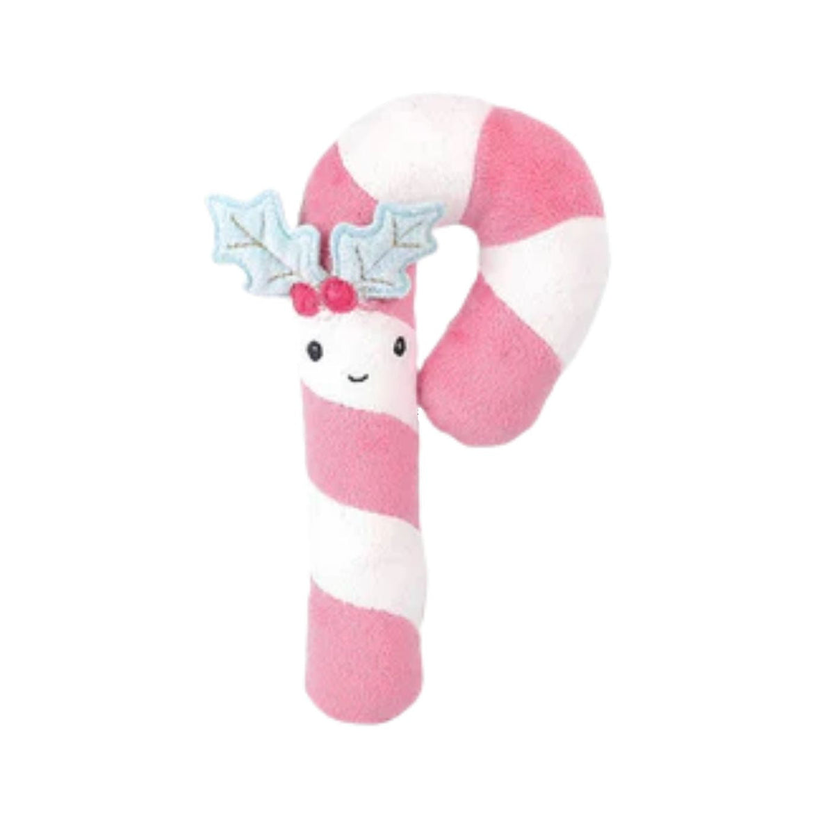 A pink and white striped plush candy cane toy with a cute embroidered face, small blue holly leaves, and red berries on a white background.