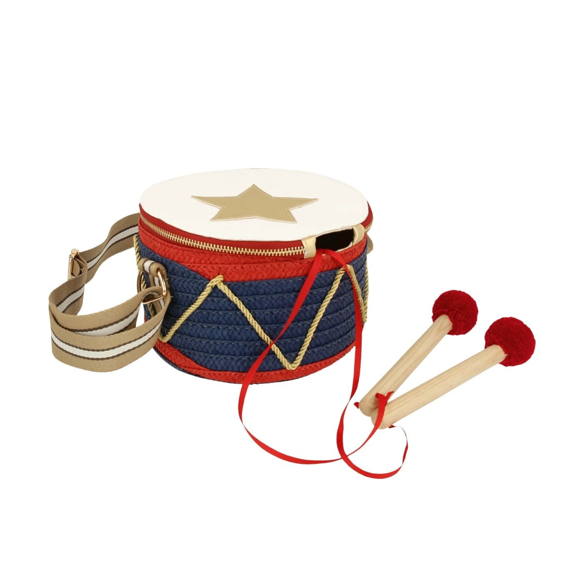 Meri Meri Drum Bag, featuring a festive blue and red woven design with gold zigzag detailing and playful pompom drumsticks