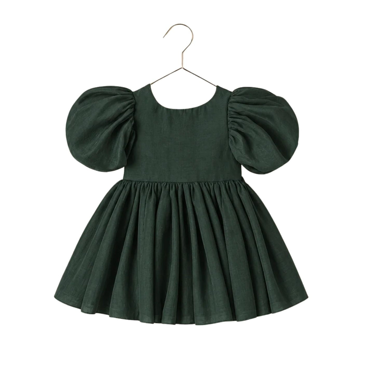 A dark forest green toddler dress with voluminous puff sleeves and a gathered flared skirt, hanging on a simple metal hanger against a plain white background.