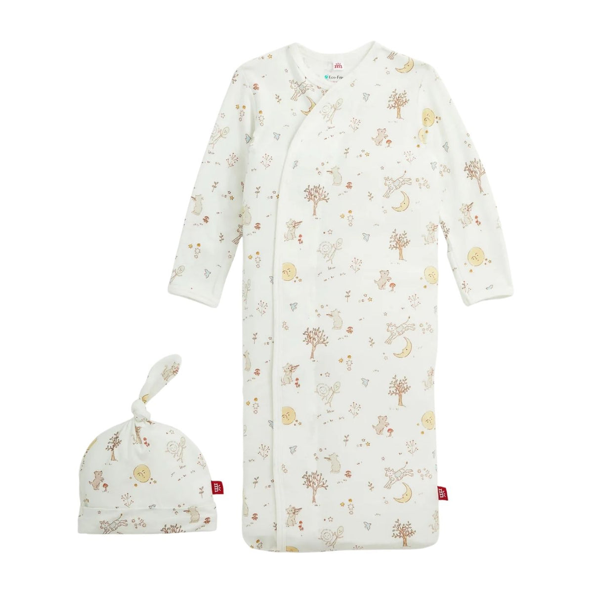 A baby sleep sack and matching knotted beanie set on a plain white background. The sleep sack is off-white with a delicate all-over print of trees, moons, and suns in muted gold, brown, and soft blue tones.