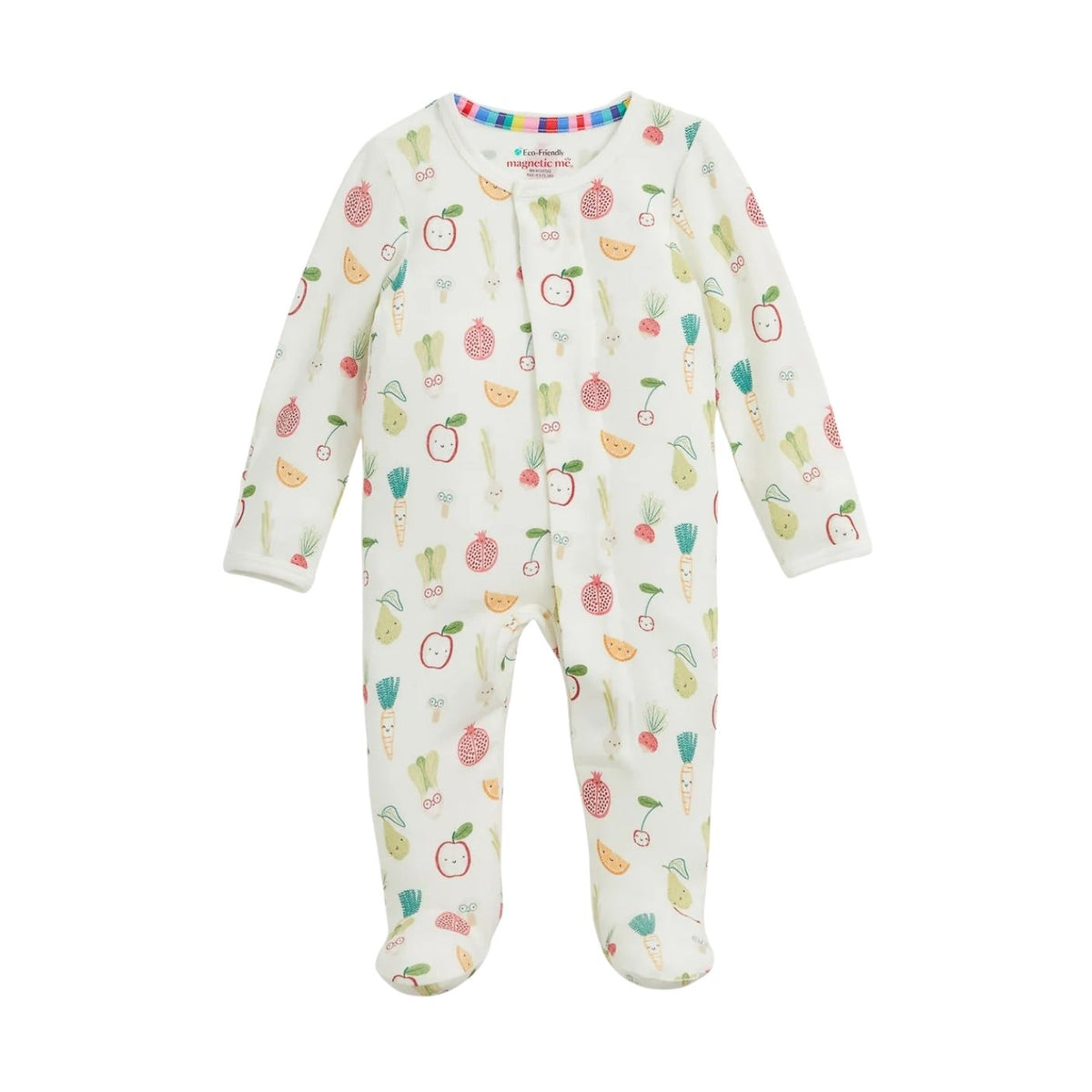 A baby footed sleeper in an off-white color with a colorful fruit and vegetable print, featuring long sleeves and an all-over pattern of illustrated fruits and vegetables.