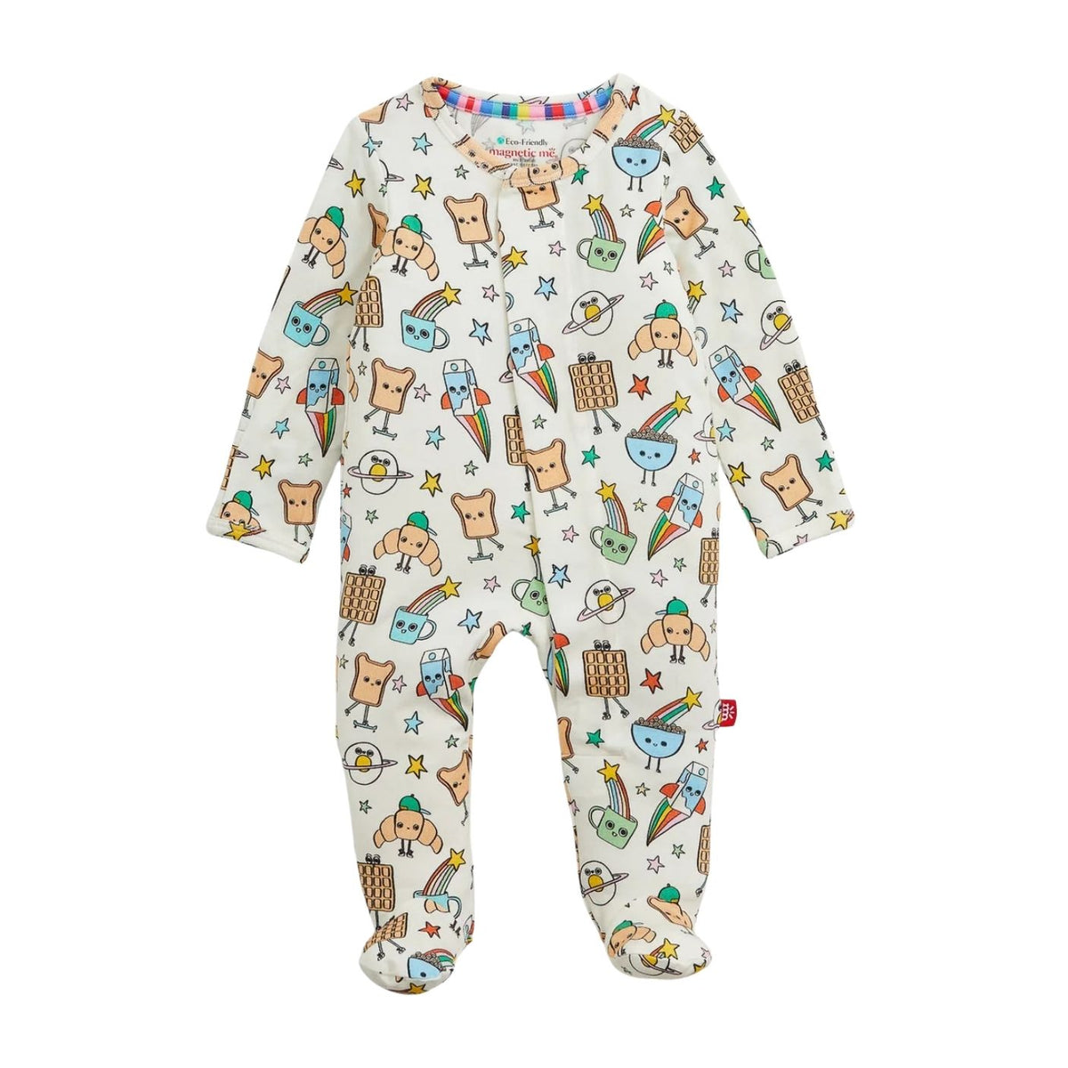 A baby footed sleeper in cream with a colorful cartoon dog and rainbow pattern, shown flat on a white background.