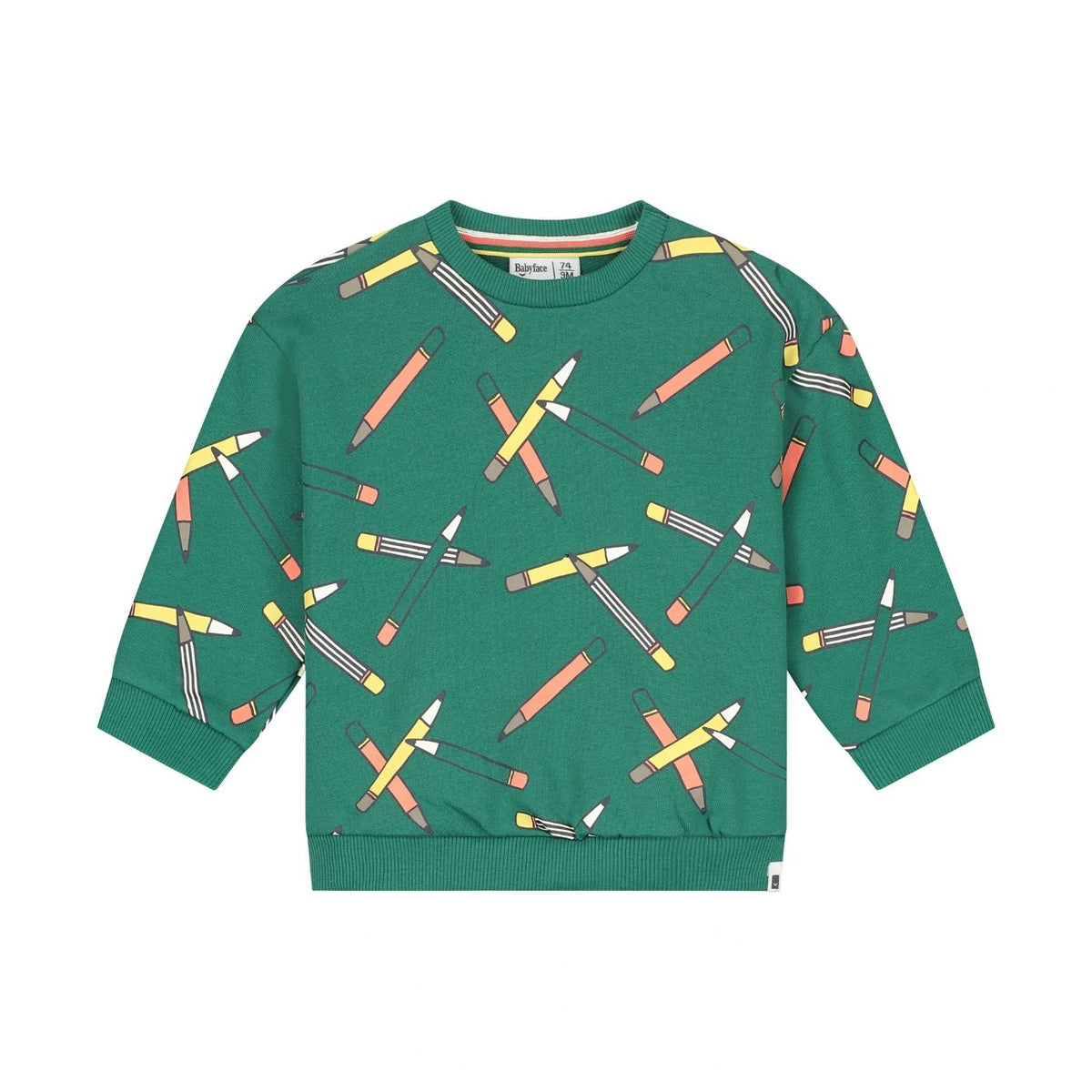 A green long-sleeve crewneck sweatshirt with an all-over print of crossed crayons in yellow, orange, pink, and white, shown flat against a white background.
