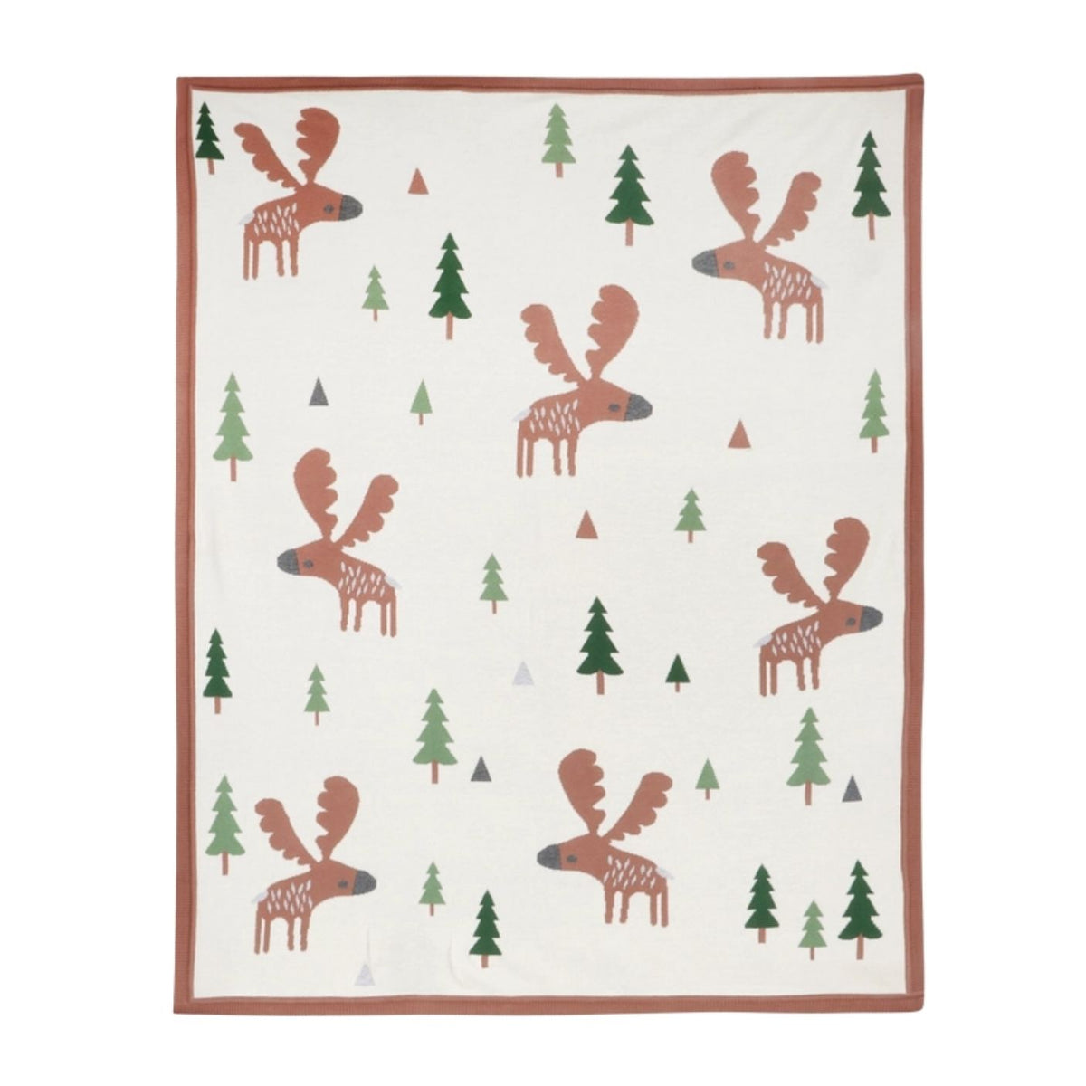 A square textile product, likely a blanket or quilt, featuring a pattern of brown moose and green pine trees on an off-white background, finished with a brown border.