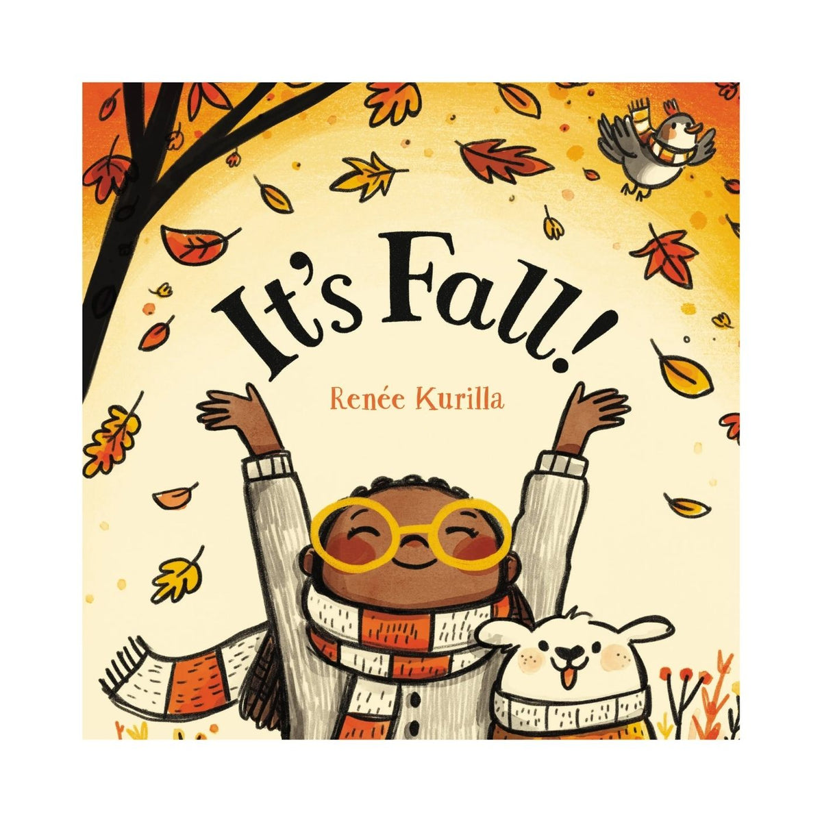 Children's board book cover titled 'It's Fall!' by Renée Kurilla, featuring a colorful autumn illustration with falling leaves, a bird, and a child wearing yellow glasses and a striped scarf, with a white lamb at the bottom right.