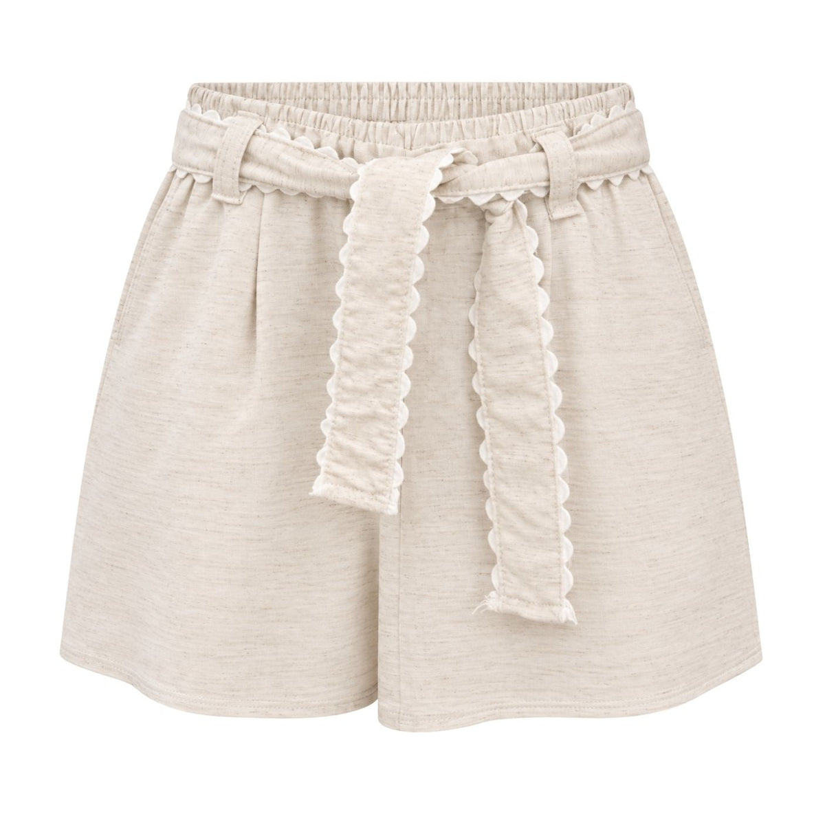 Ric Rac Tie Shorts - Beige by Milon, featuring an elastic waist and decorative ric-rac trim along the tie belt.