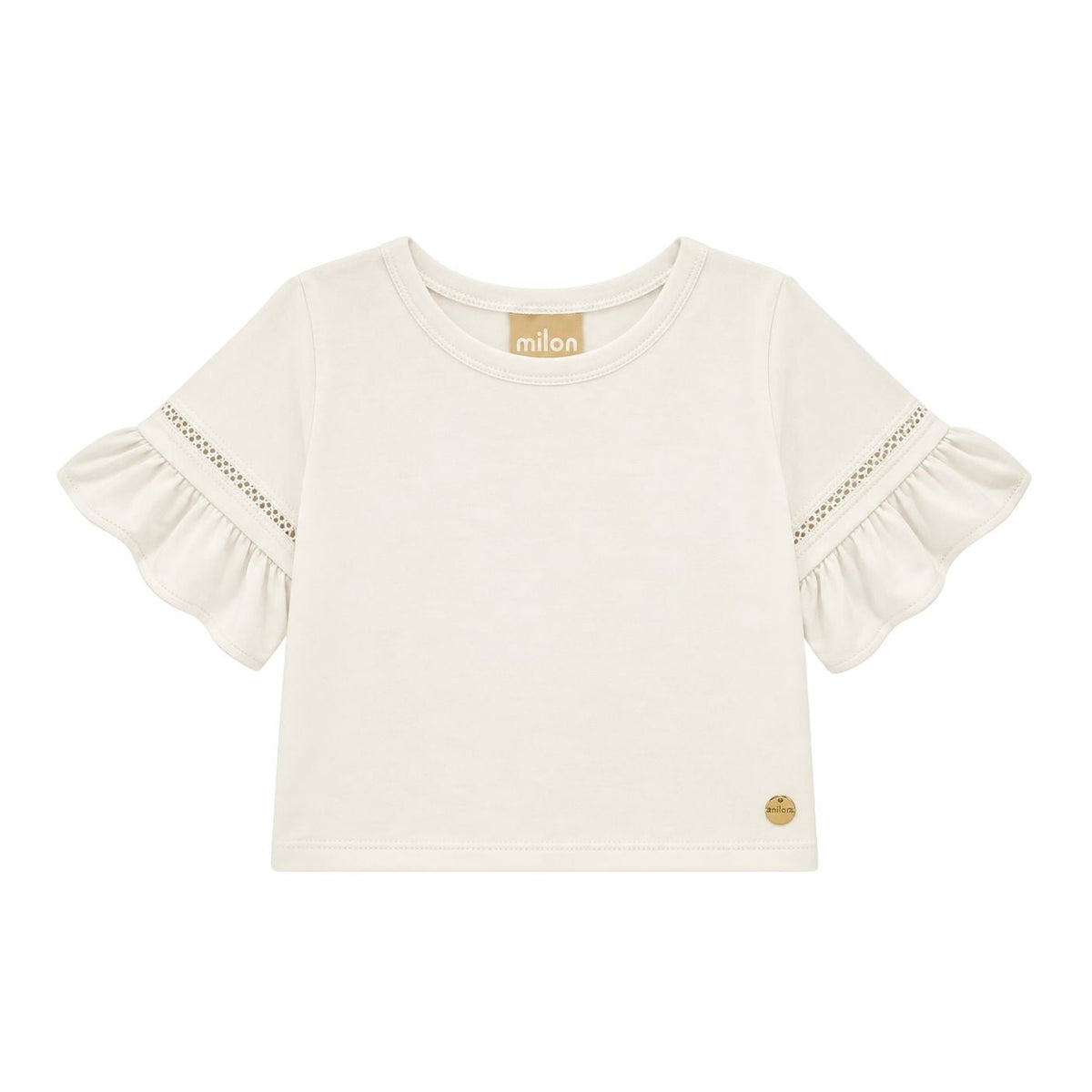 An off-white short-sleeve baby top by Milon, featuring ruffled sleeves with decorative eyelet lace trim and a small gold logo on the bottom right hem.