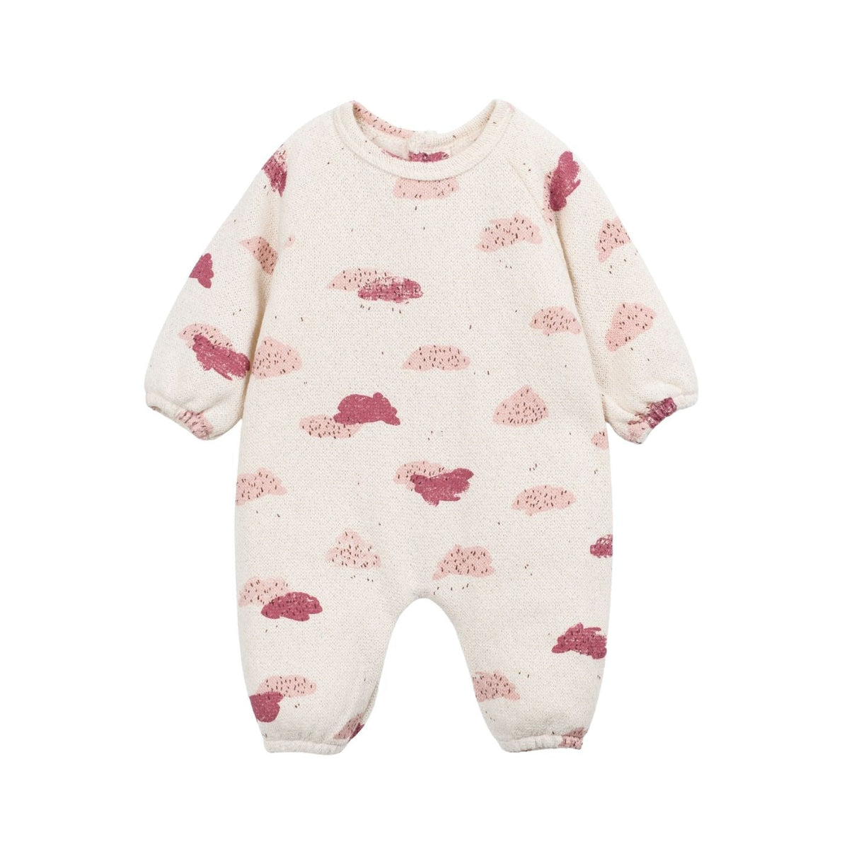 A long-sleeve baby romper in cream with a scattered pink and dusty rose cloud print, shown flat on a white background.