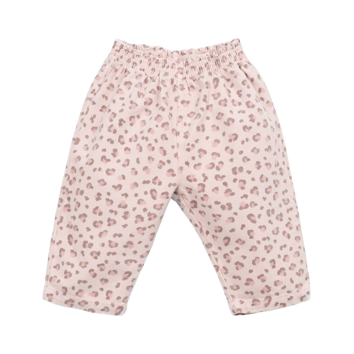 Pink and white leopard print baby pants with an elastic waistband, shown against a plain white background.