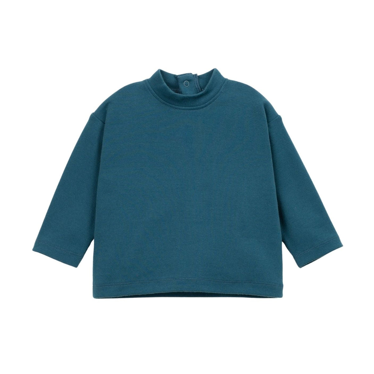 A dark teal long-sleeve mock neck top with a buttoned collar, displayed flat against a solid white background.