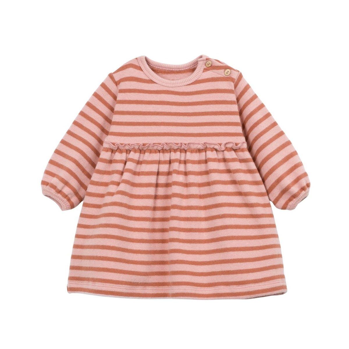 A pink and white striped long-sleeve baby dress with a gentle gathered waist.