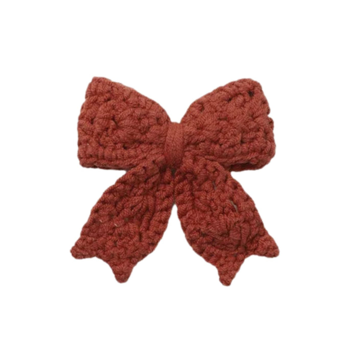 A rich, earthy redwood crochet hair bow with a textured, delicate design, attached to a gold alligator clip and centered against a plain white background.