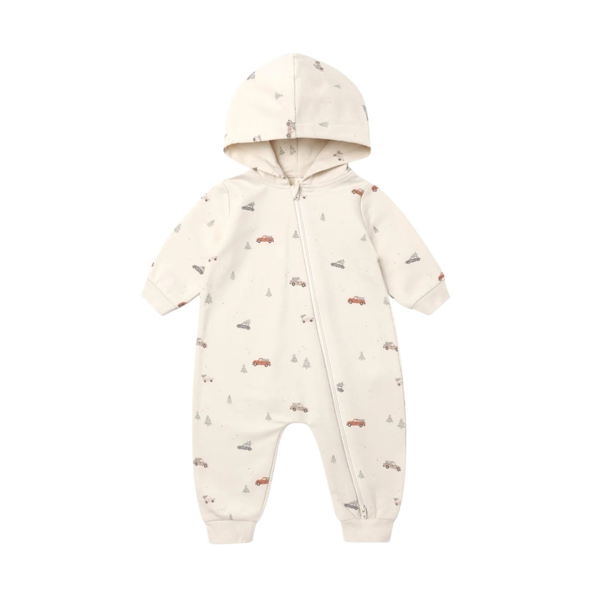 Quincy Mae organic cotton hooded jumpsuit in a cream "Holiday Drive" print featuring tiny vintage cars and trees, with an attached hood and asymmetrical front zipper.