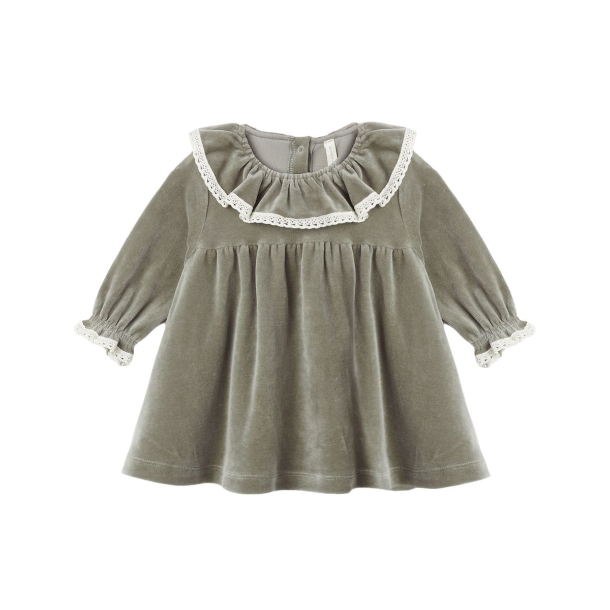 A long-sleeve velour baby dress in a rich spruce green shade, featuring an empire waist silhouette and a white lace-trimmed ruffled collar and cuffs.