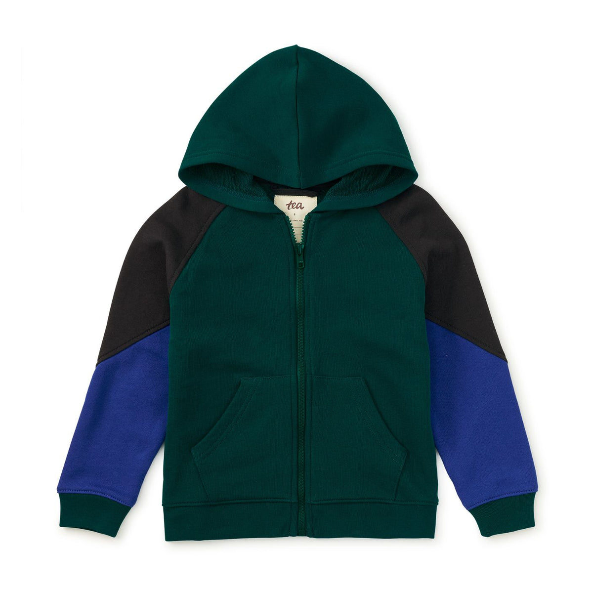 A color-blocked zip-up hoodie for kids, featuring a dark green body, black shoulder panels, and royal blue raglan sleeves, shown flat on a white background.