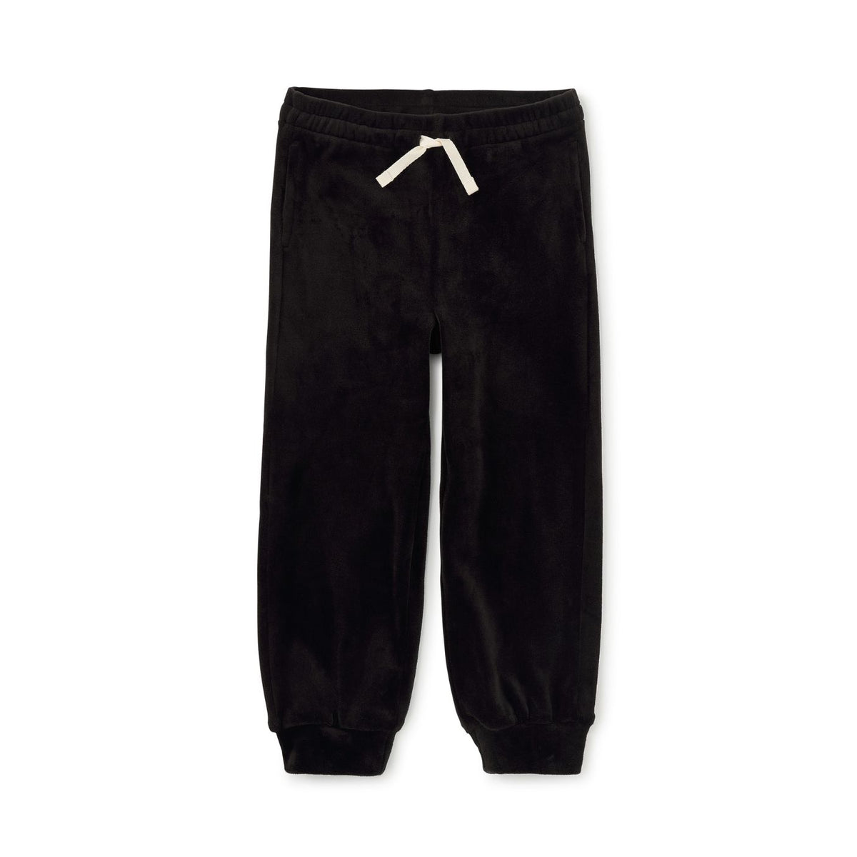 Black fleece jogger pants with a white drawstring, shown flat against a white background.