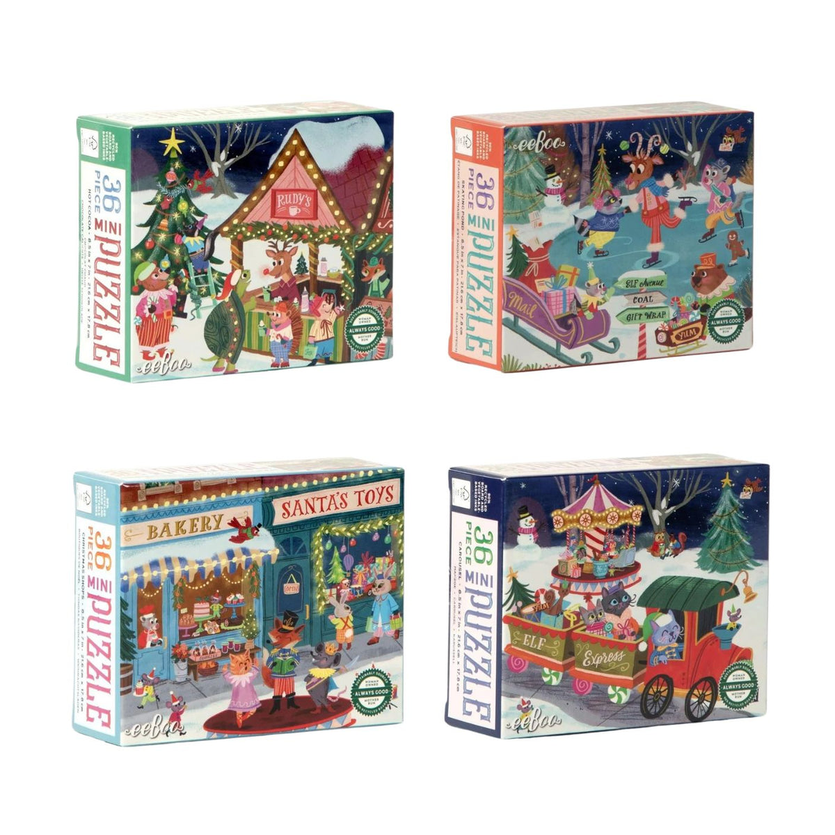 A 4-piece Christmas-themed jigsaw puzzle set featuring festive scenes: a decorated Christmas tree and market stall, a red carriage with toys, a Santa's toys bakery.