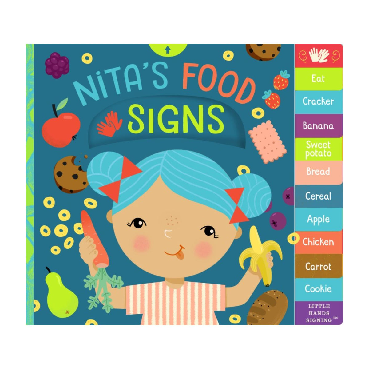 Book cover of 'Nita's Food Signs' with a child holding vegetables and a banana, surrounded by food-themed illustrations.
