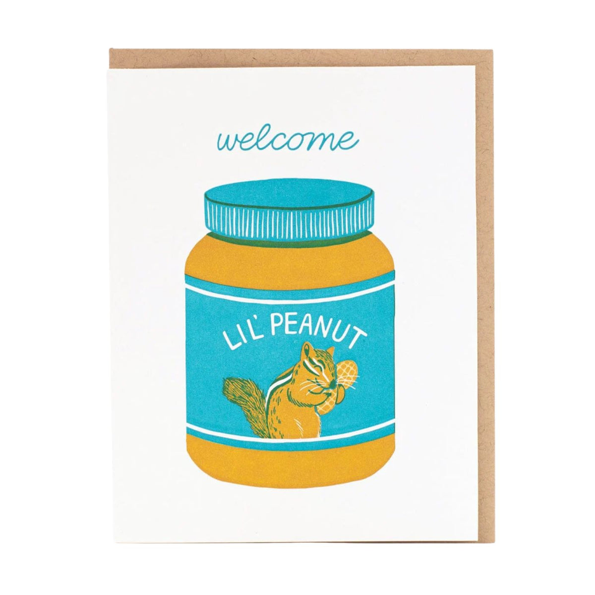 Greeting card with a jar of 'Lil' Peanut' on a white background