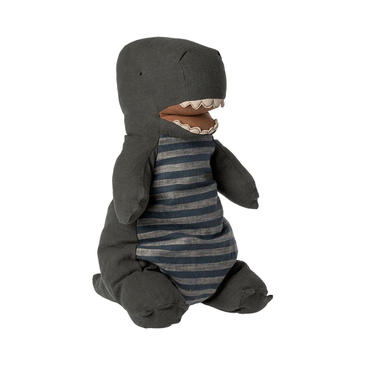 Stuffed toy shark in a gray hood and striped body on a white background