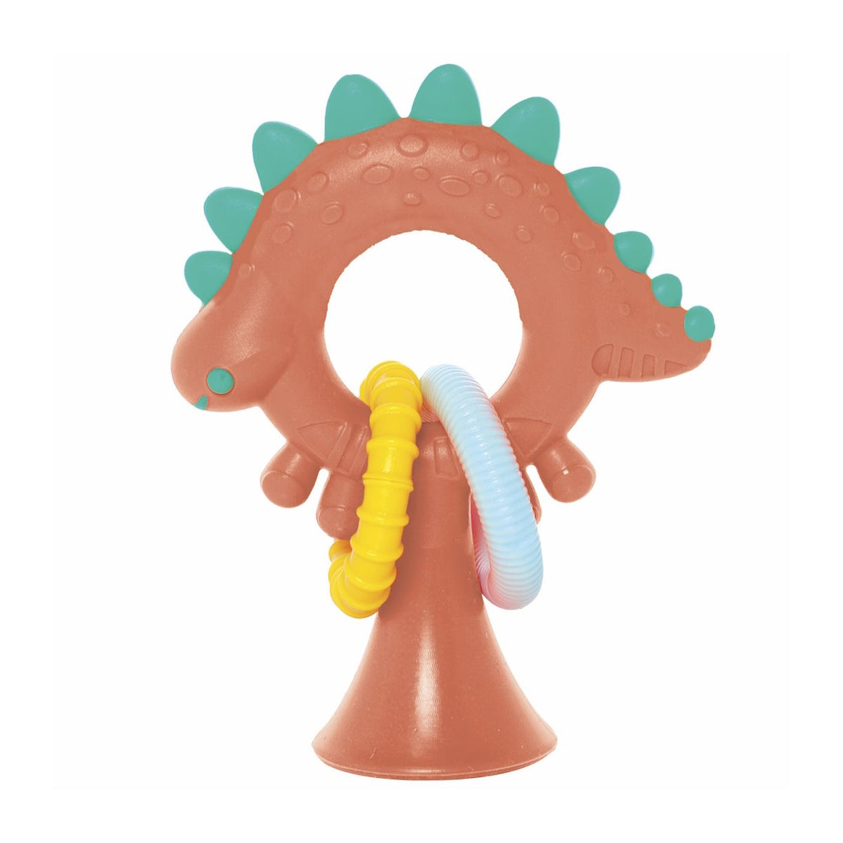 Dinosaur-shaped teething ring with colorful handles on a white background