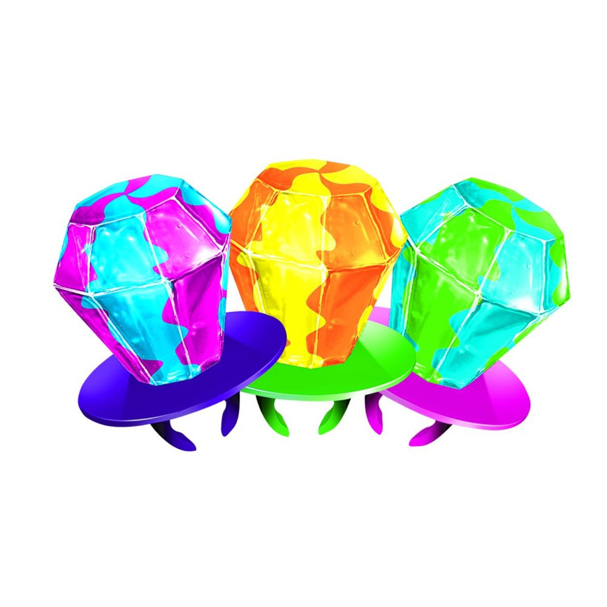 Three colorful, faceted gem-like objects displayed on small round stands against a plain white background.