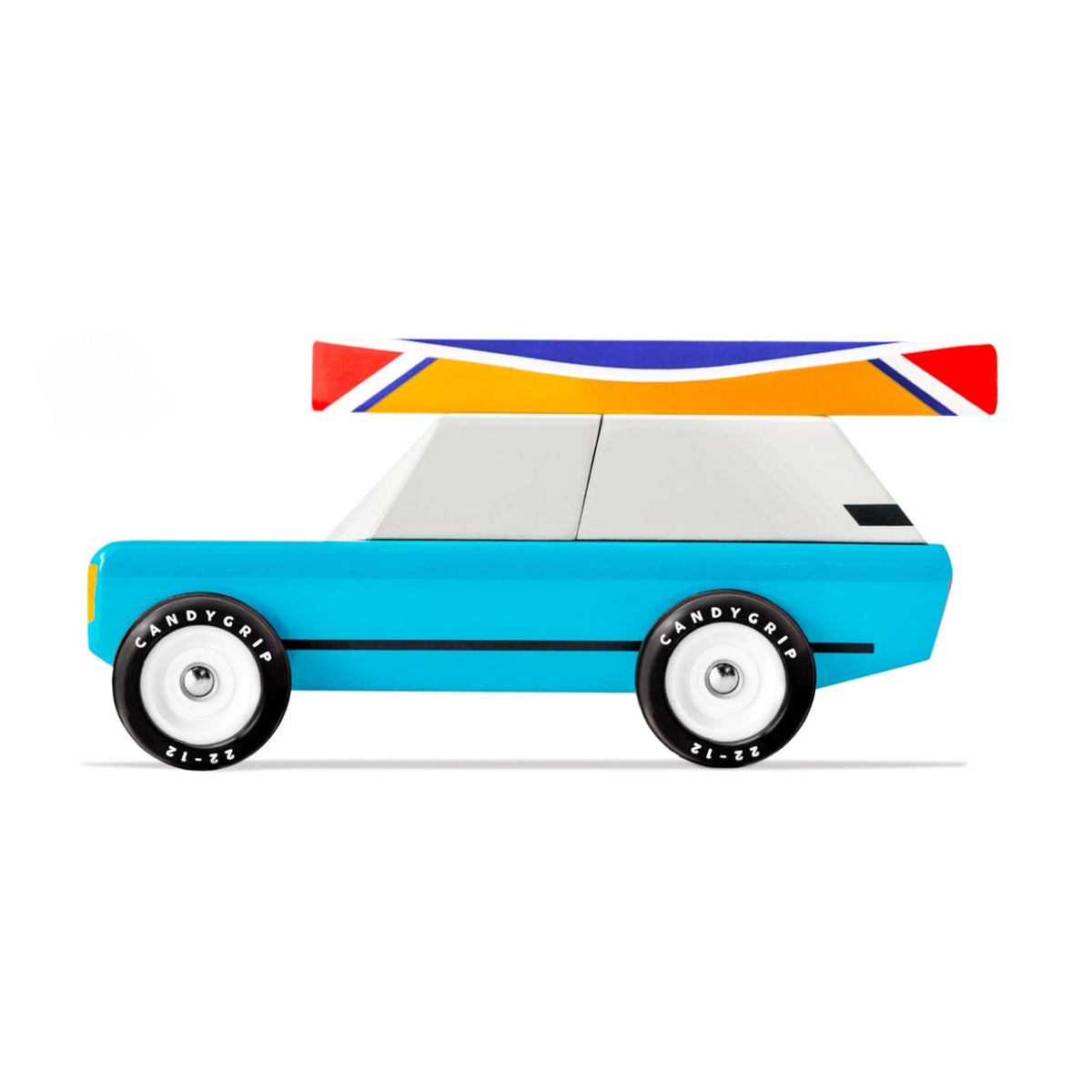 Toy car with a colorful roof on a white background