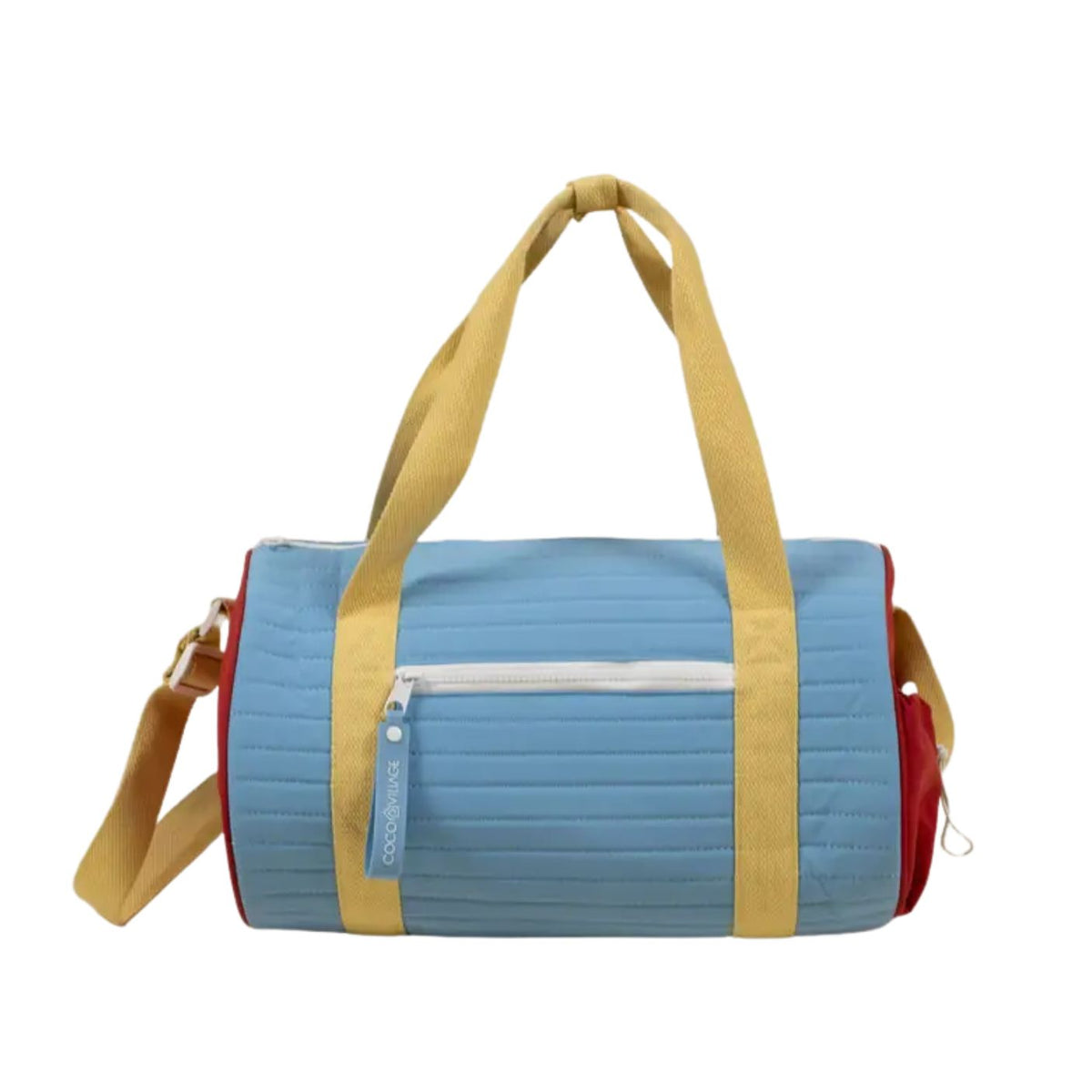 A light blue quilted duffel bag with mustard yellow handles and a white zipper, shown against a plain white background.