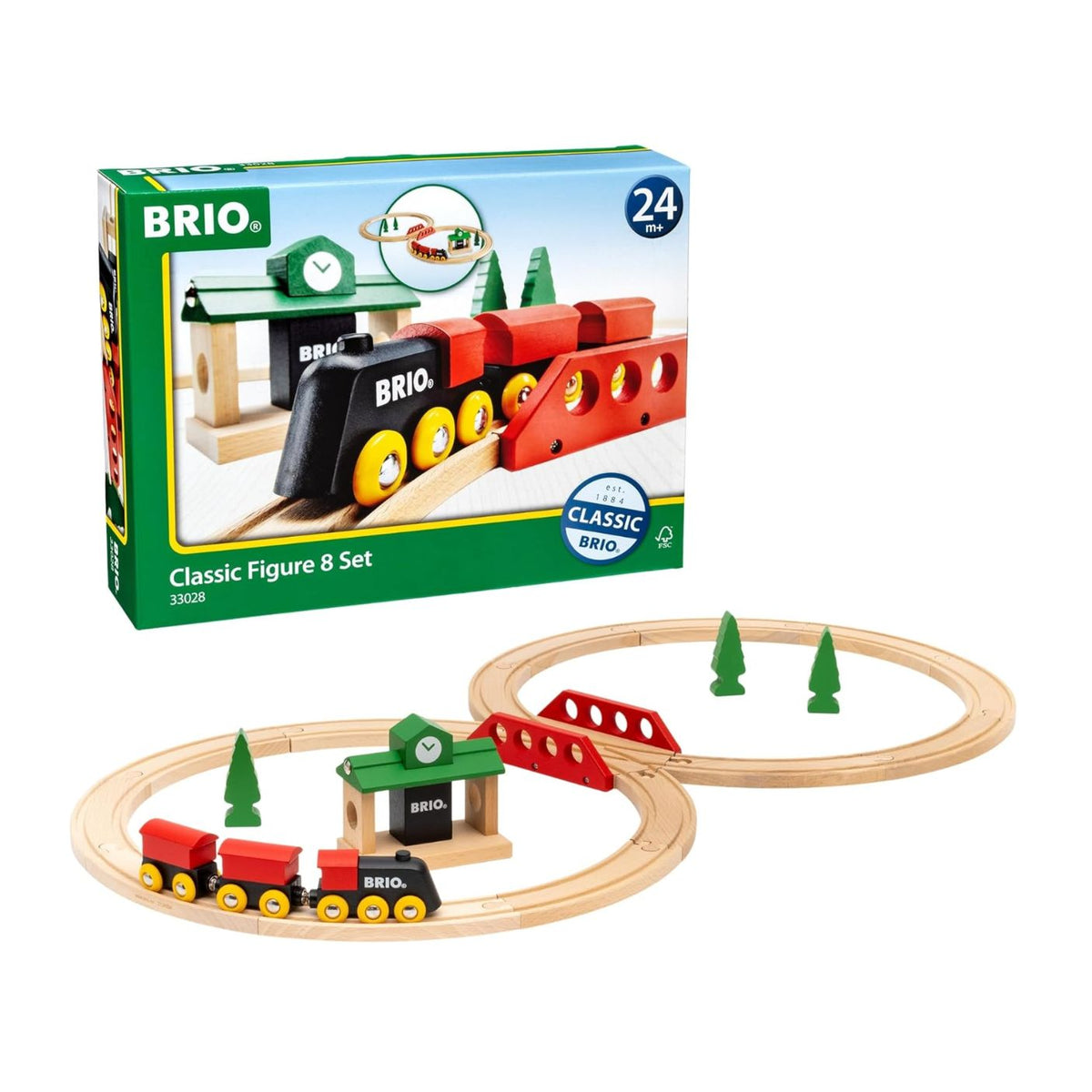 Brio Classic Figure 8 Set toy train tracks with a red and black locomotive, station, bridge, and small green trees, shown with its retail packaging on a white background.