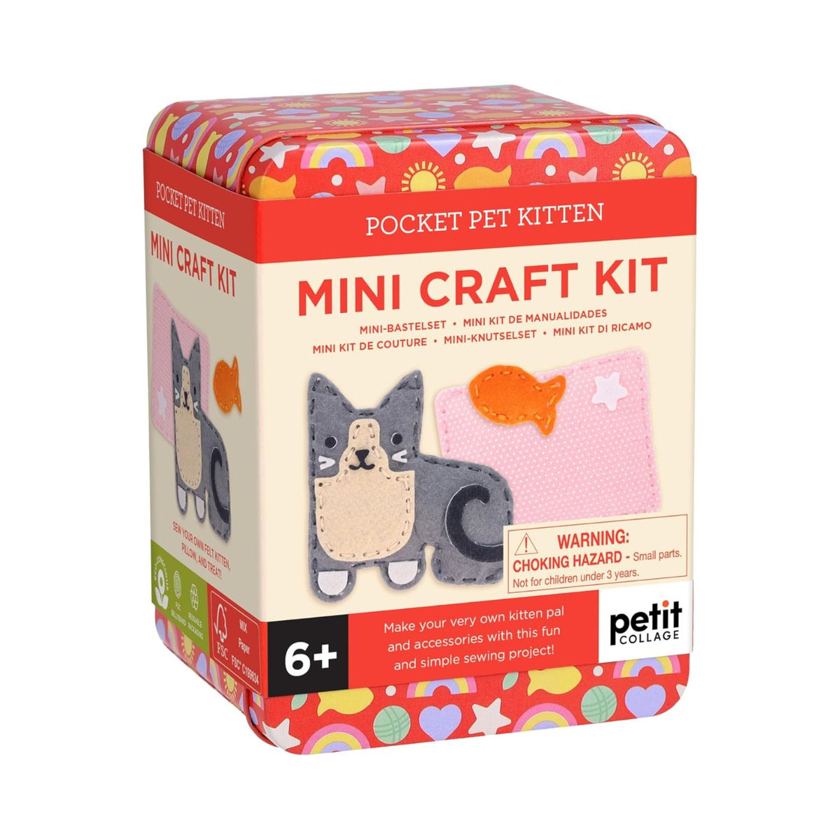 Mini craft kit for pocket pet kitten packaging with colorful design and text.