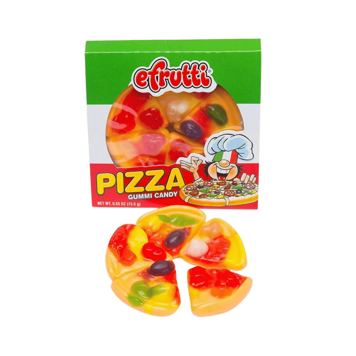 A box of efrutti Pizza Gummi Candy with several sliced, colorful gummy candies shaped like pizza displayed in front on a white background.