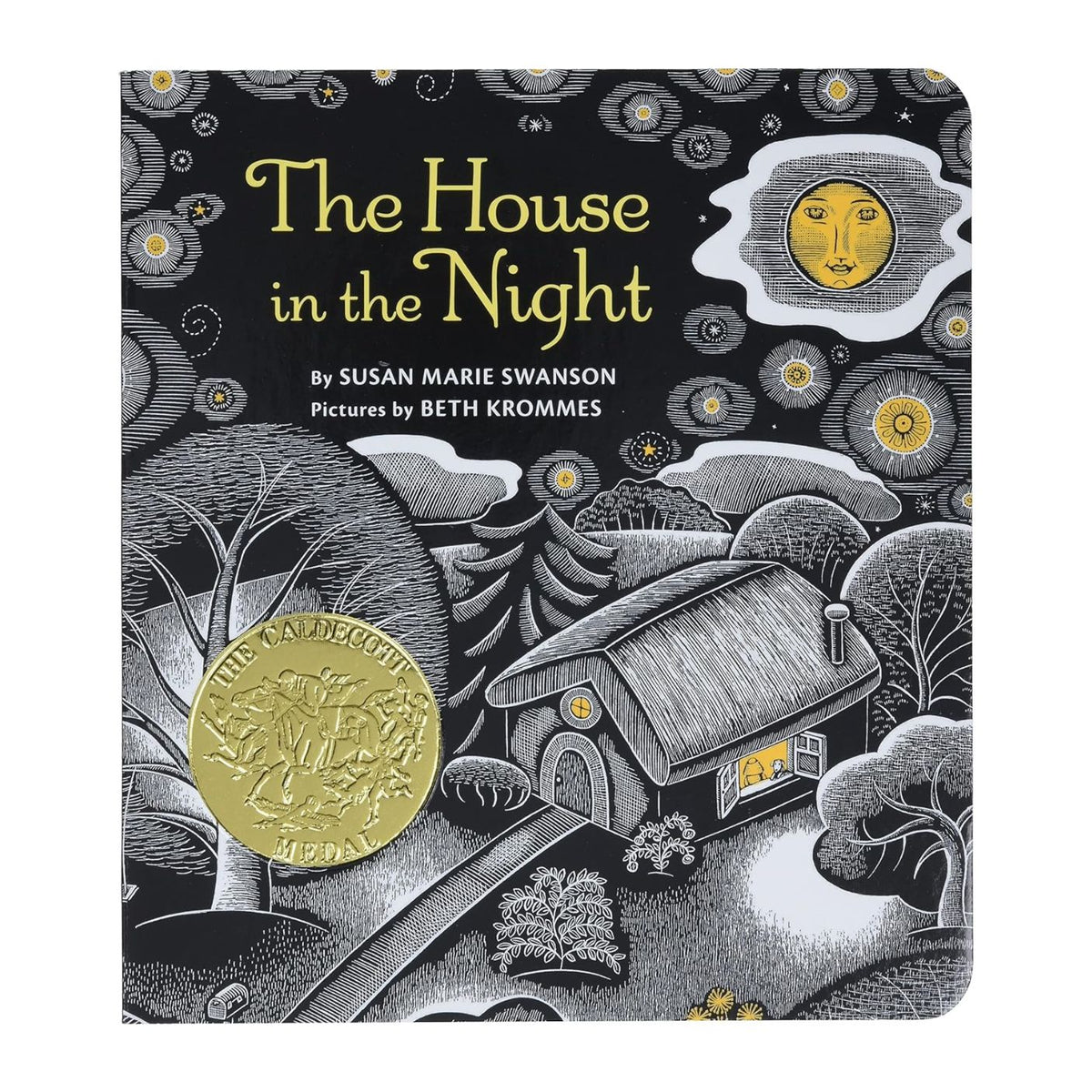 Book cover of 'The House in the Night' with a black and white illustration of a house and moon.