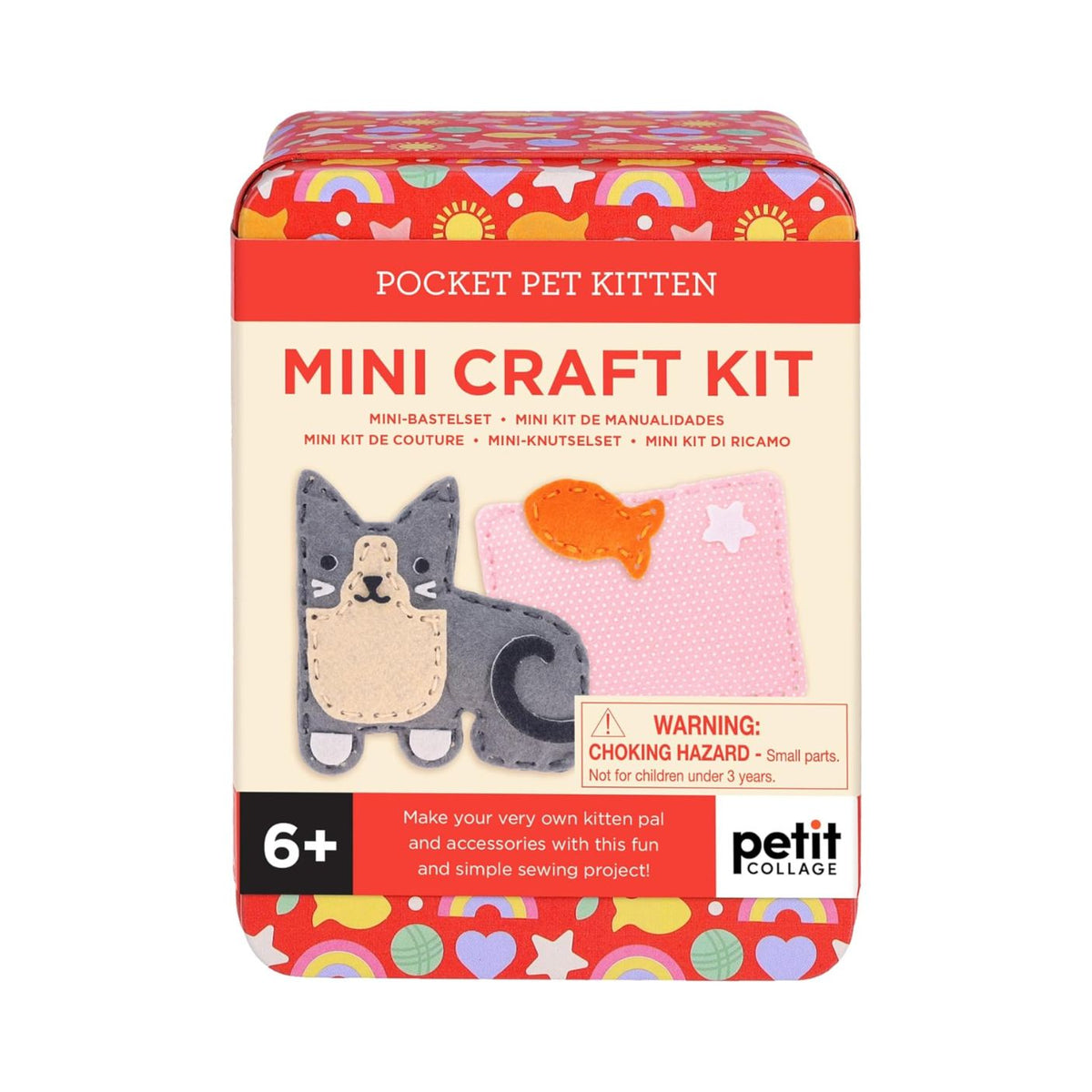 Mini craft kit for making a pocket pet kitten with colorful packaging on a white background