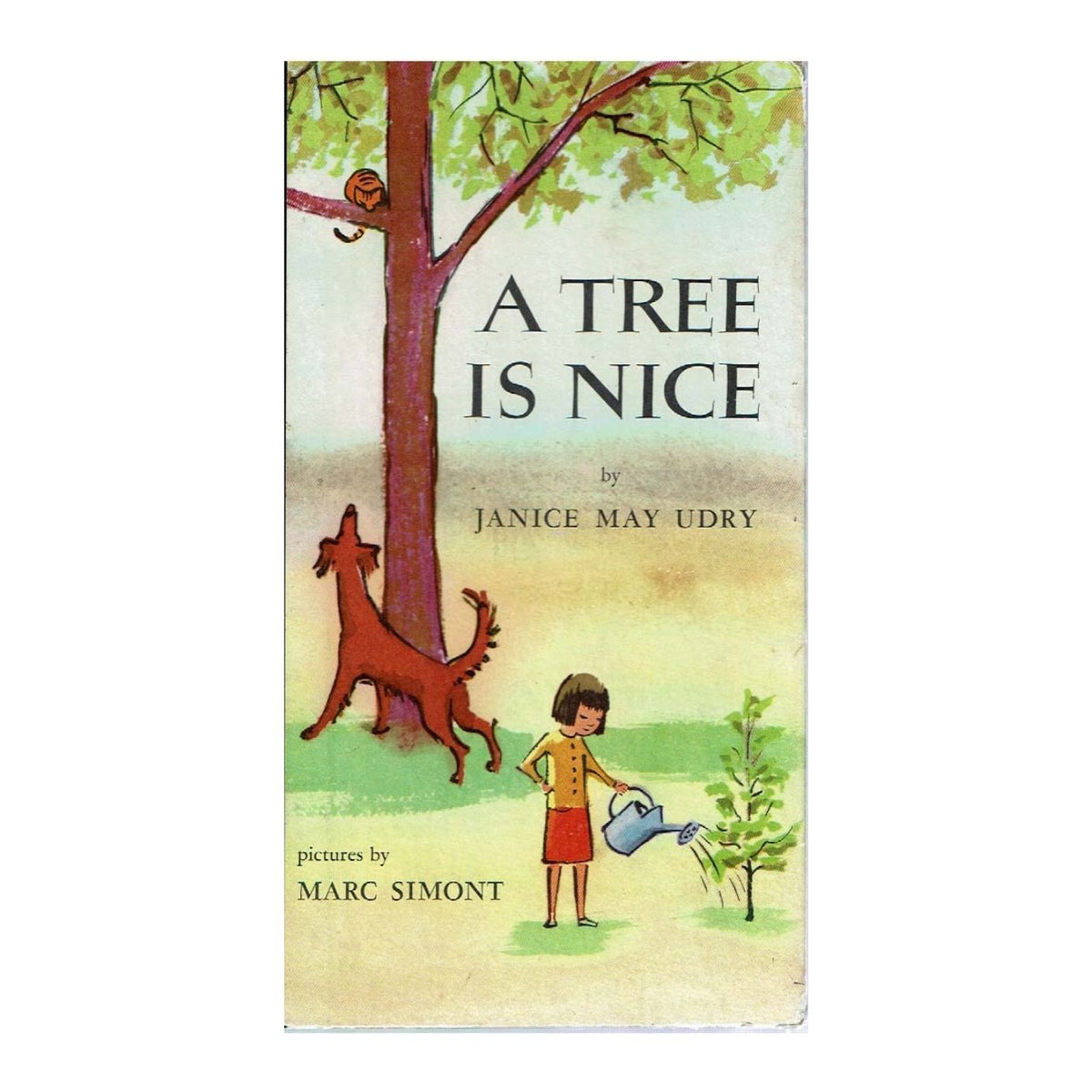 Book cover of 'A Tree Is Nice' with a child, dog, and tree illustration.