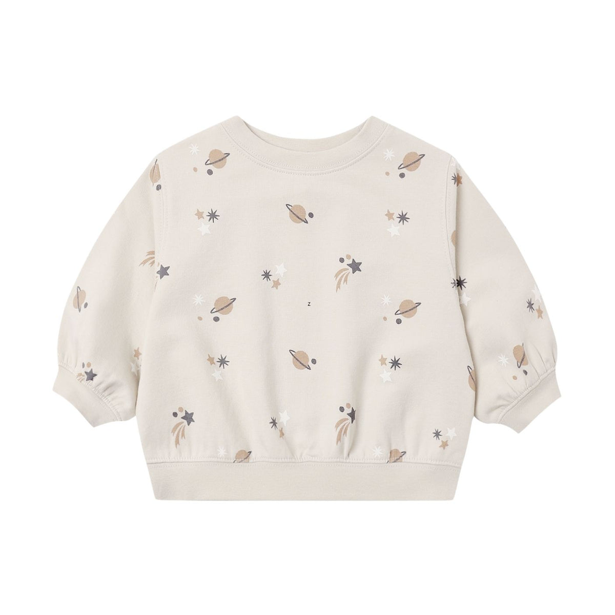 A cream-colored long-sleeve sweatshirt for toddlers, featuring an all-over print of small brown leaves, white flowers, and tiny dark stars, displayed against a solid white background.