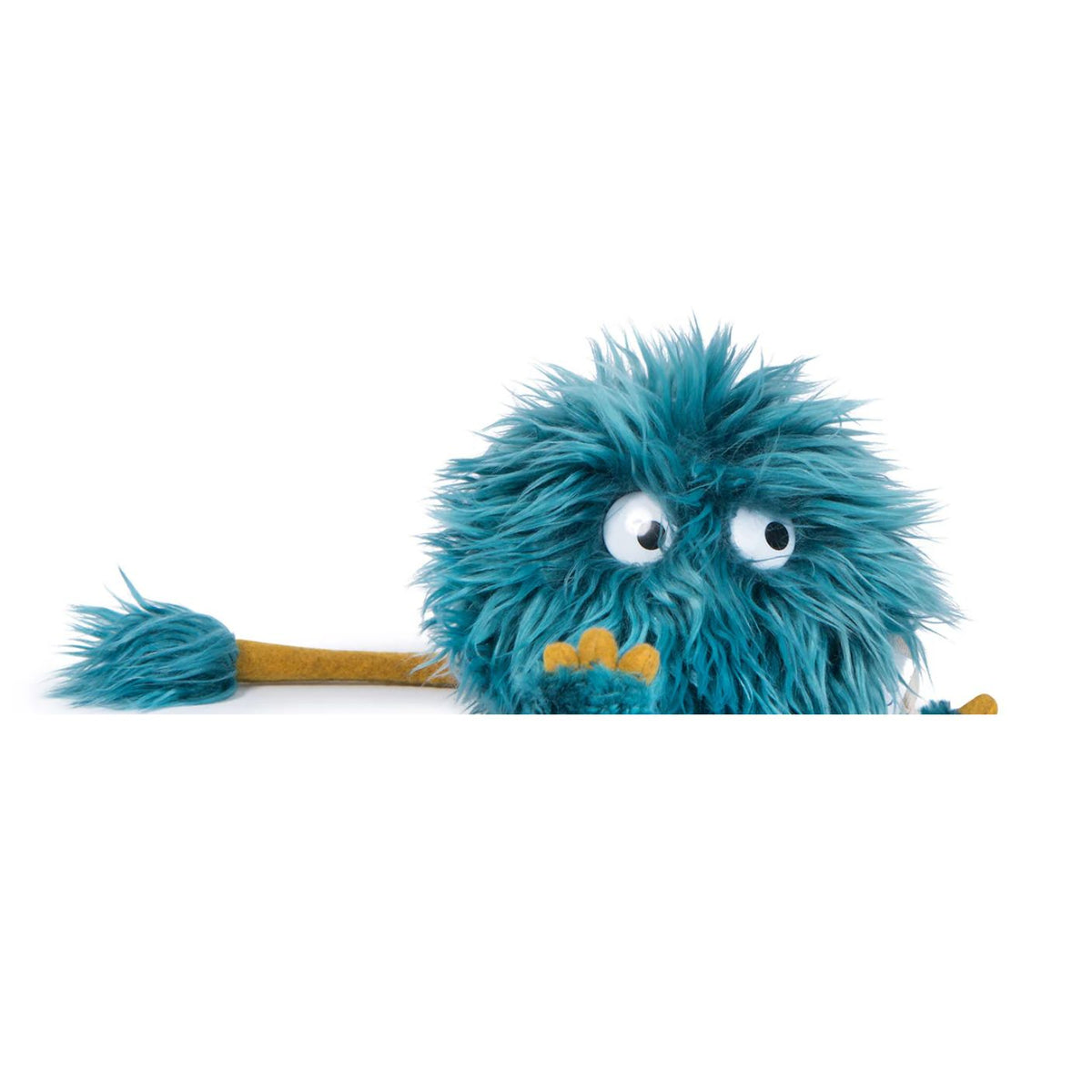 Blue plush toy with googly eyes on a white background