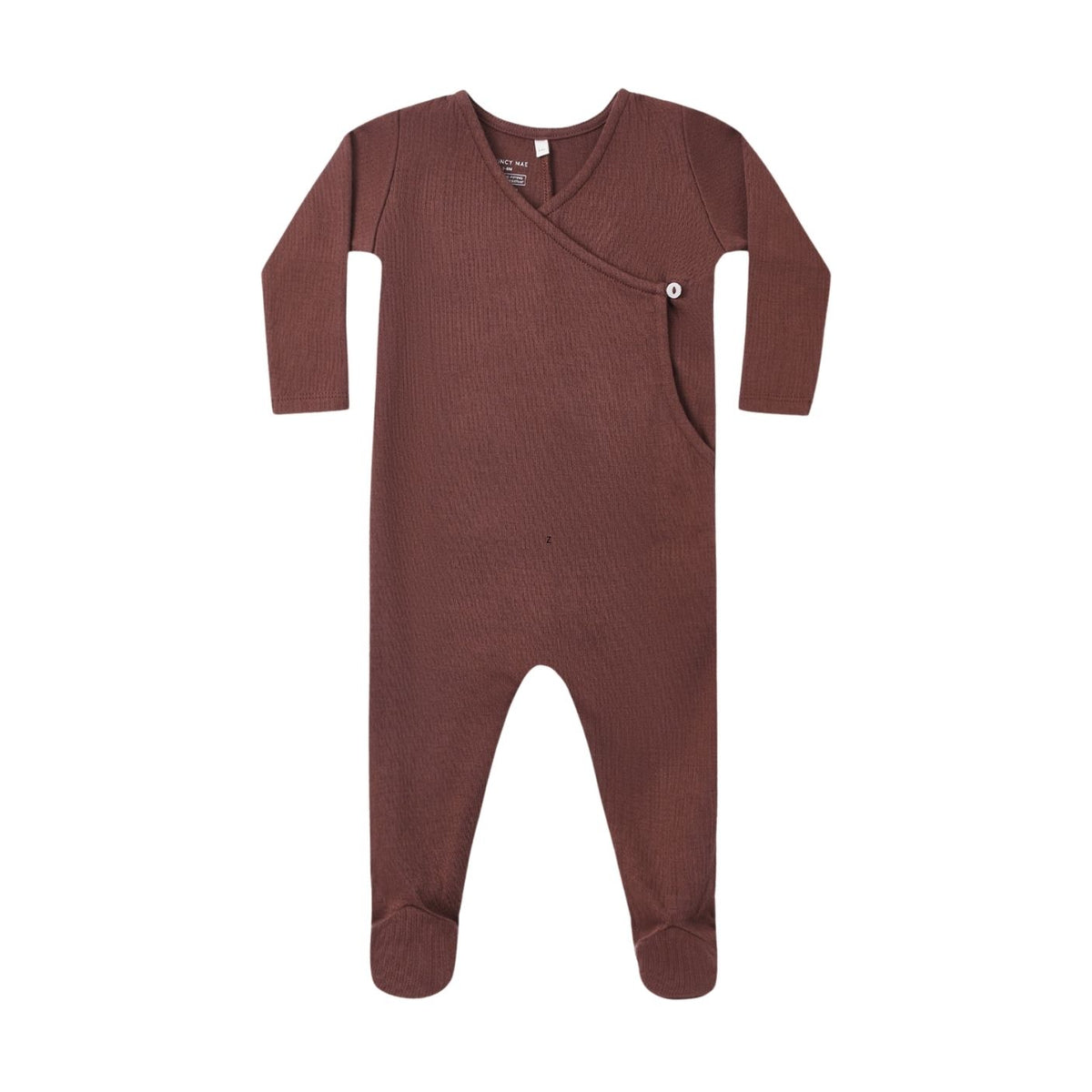 Quincy Mae Pointelle Wrap Footie in a brown cinnamon hue with a side-wrap button closure and built-in feet