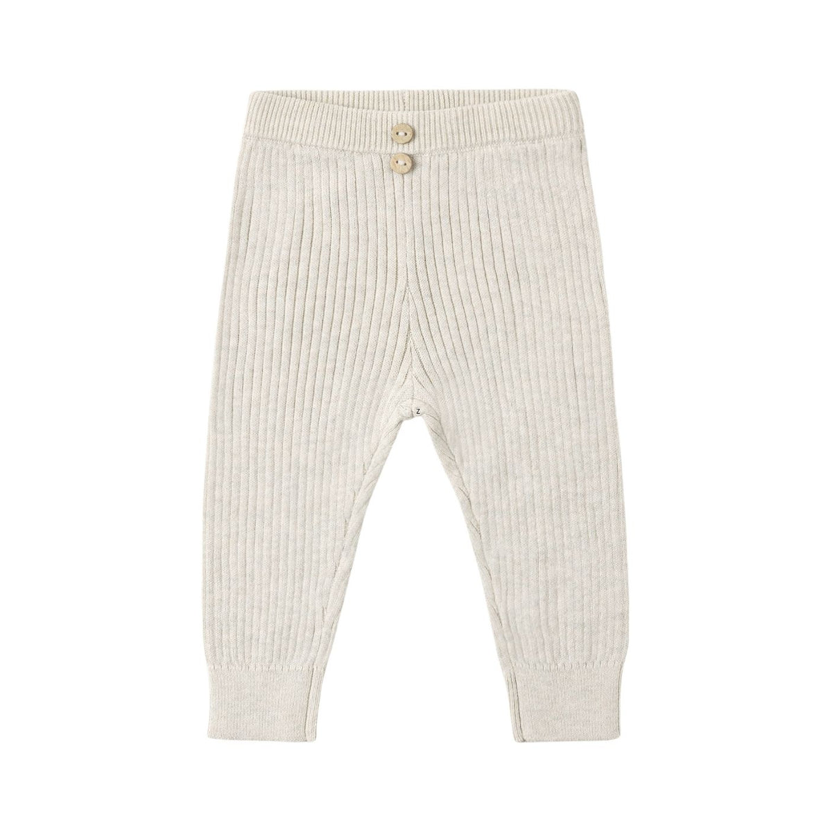 Off-white ribbed knit pants for toddlers, featuring a buttoned elastic waistband and elastic ankle cuffs, shown against a plain white background.