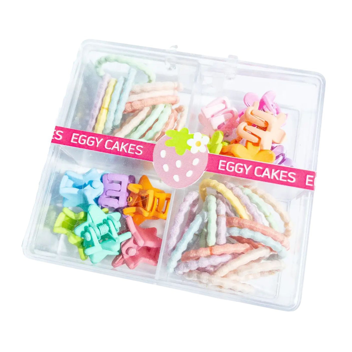 Colorful egg-shaped clips in a clear plastic container with 'Eggy Cakes' branding.