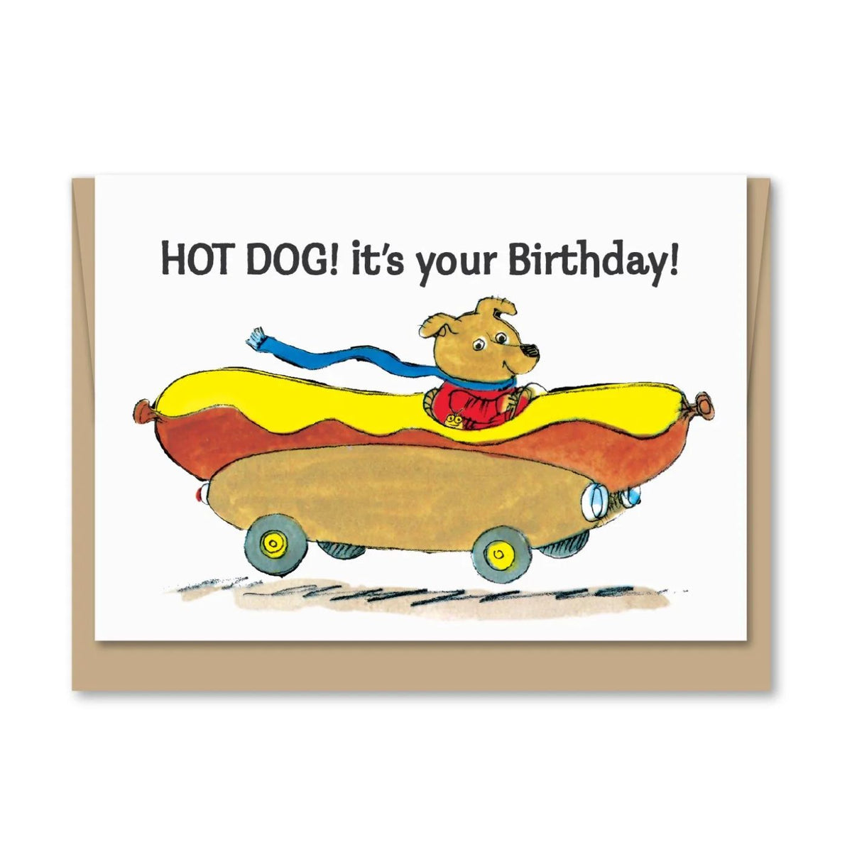 Birthday card with cartoon bear on a hot dog, text 'HOT DOG! it's your Birthday!'