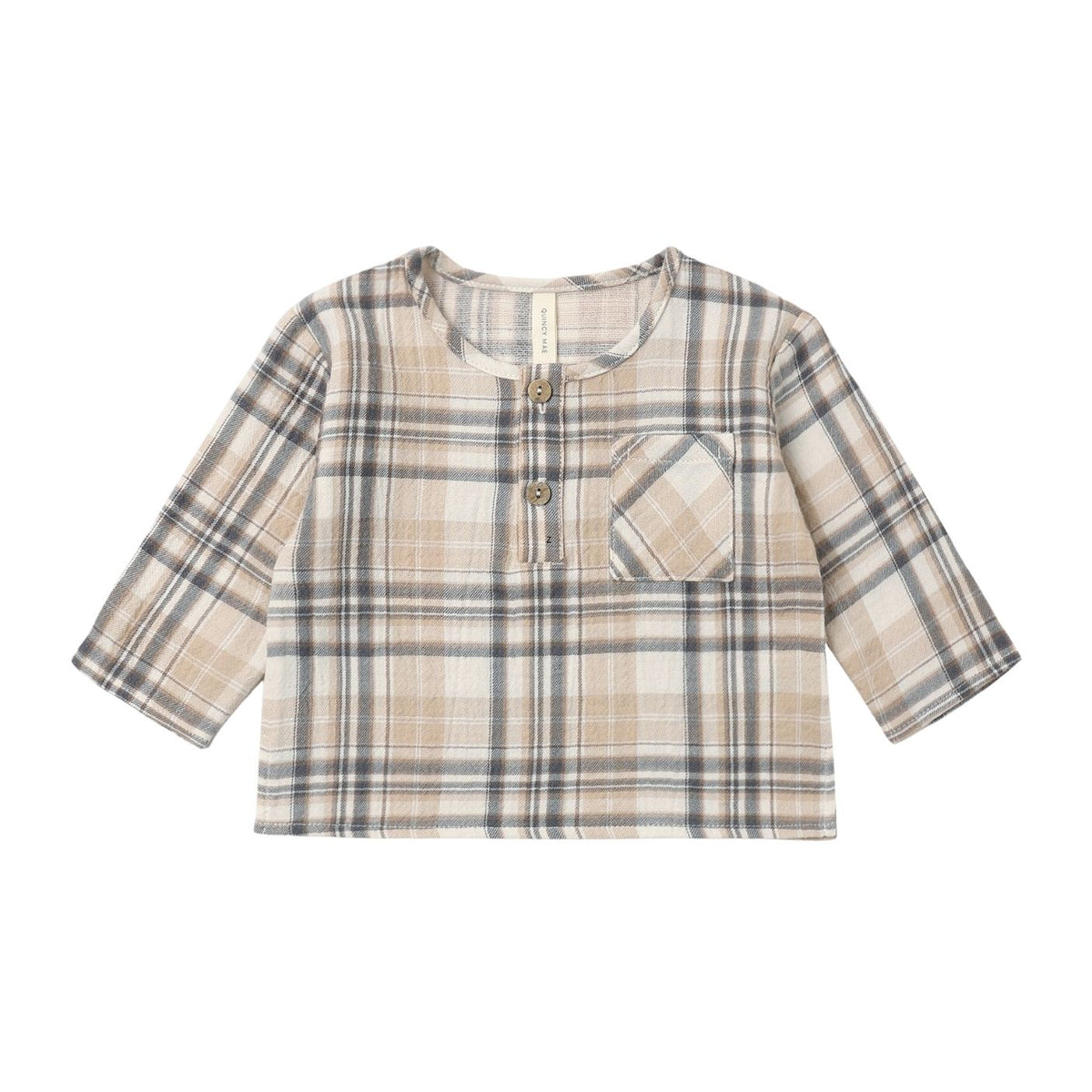 A children's long-sleeve plaid shirt in beige, cream, and gray, featuring a buttoned henley neckline and a chest pocket, shown flat on a white background.