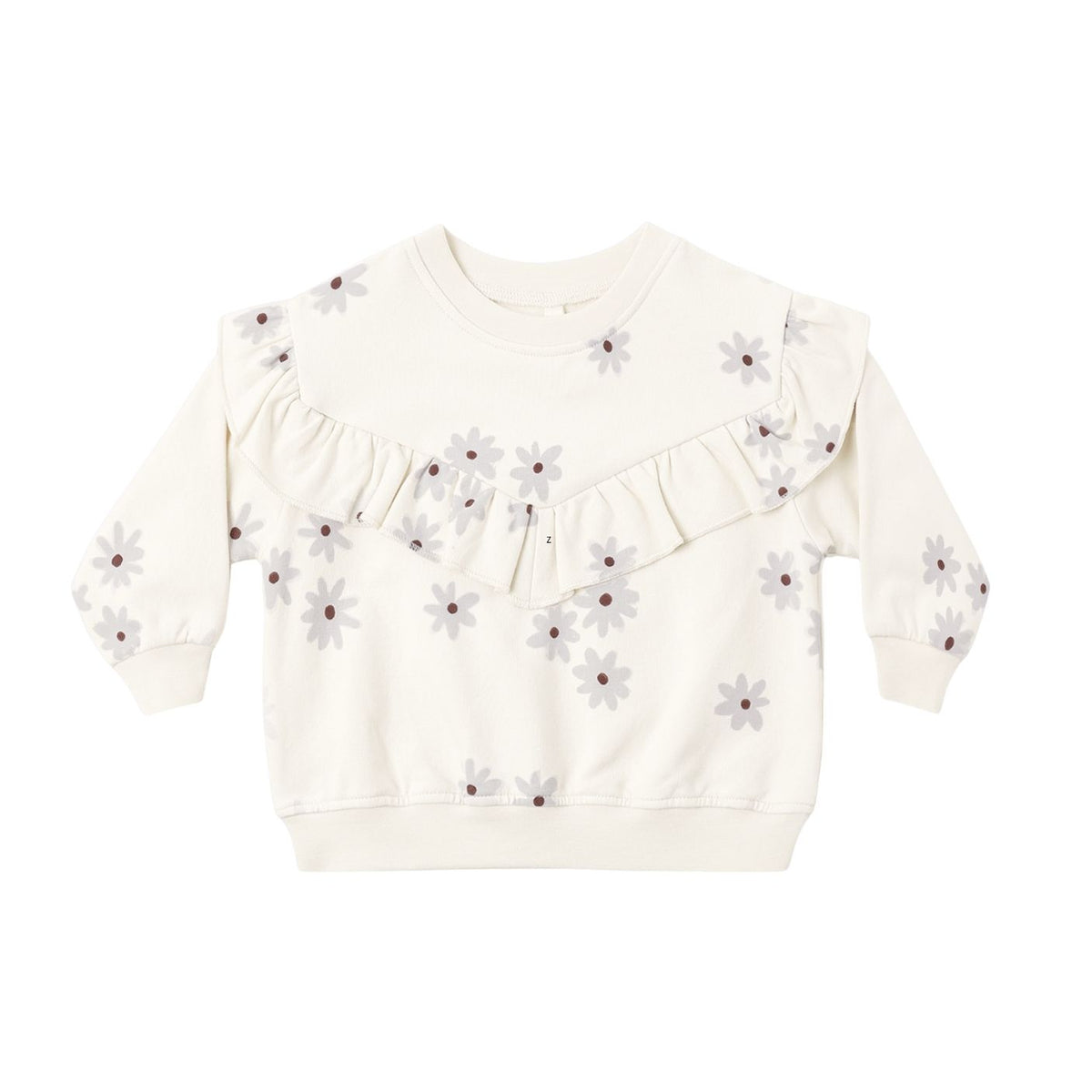 An off-white long-sleeve children's sweatshirt featuring a ruffled yoke and an all-over daisy print with gray petals and small brown centers, shown against a plain white background.