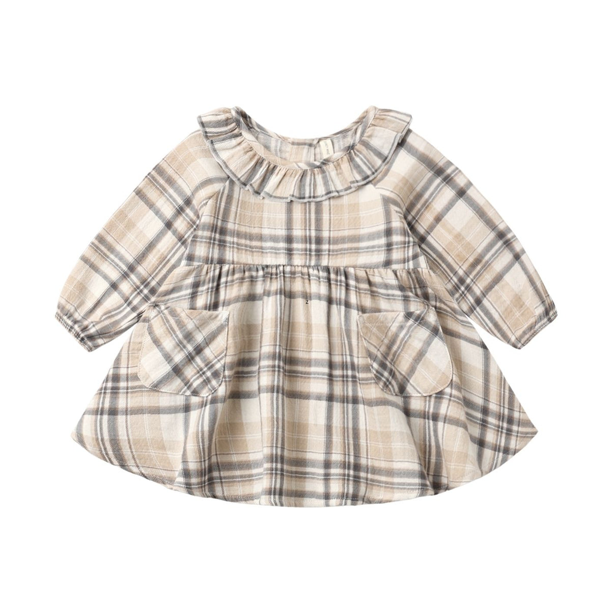 A long-sleeve baby dress with a beige, brown, and gray plaid pattern, featuring a ruffled collar, a gathered waist, and two front patch pockets, shown on a plain white background.