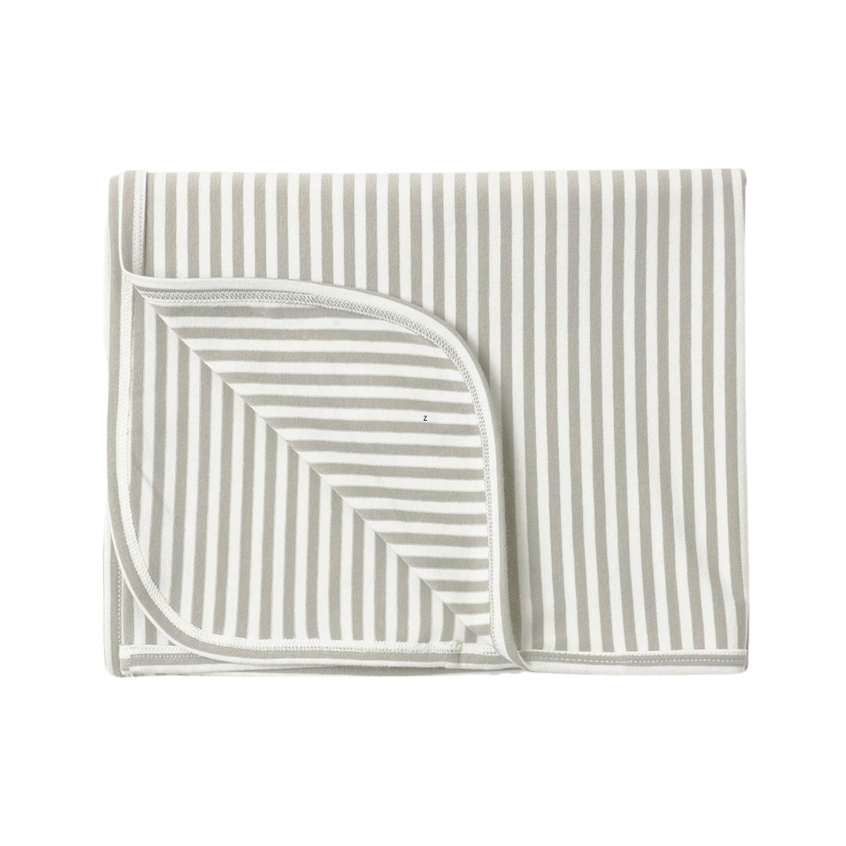 A folded baby blanket with vertical stripes in a warm beige and white, shown on a solid white background.