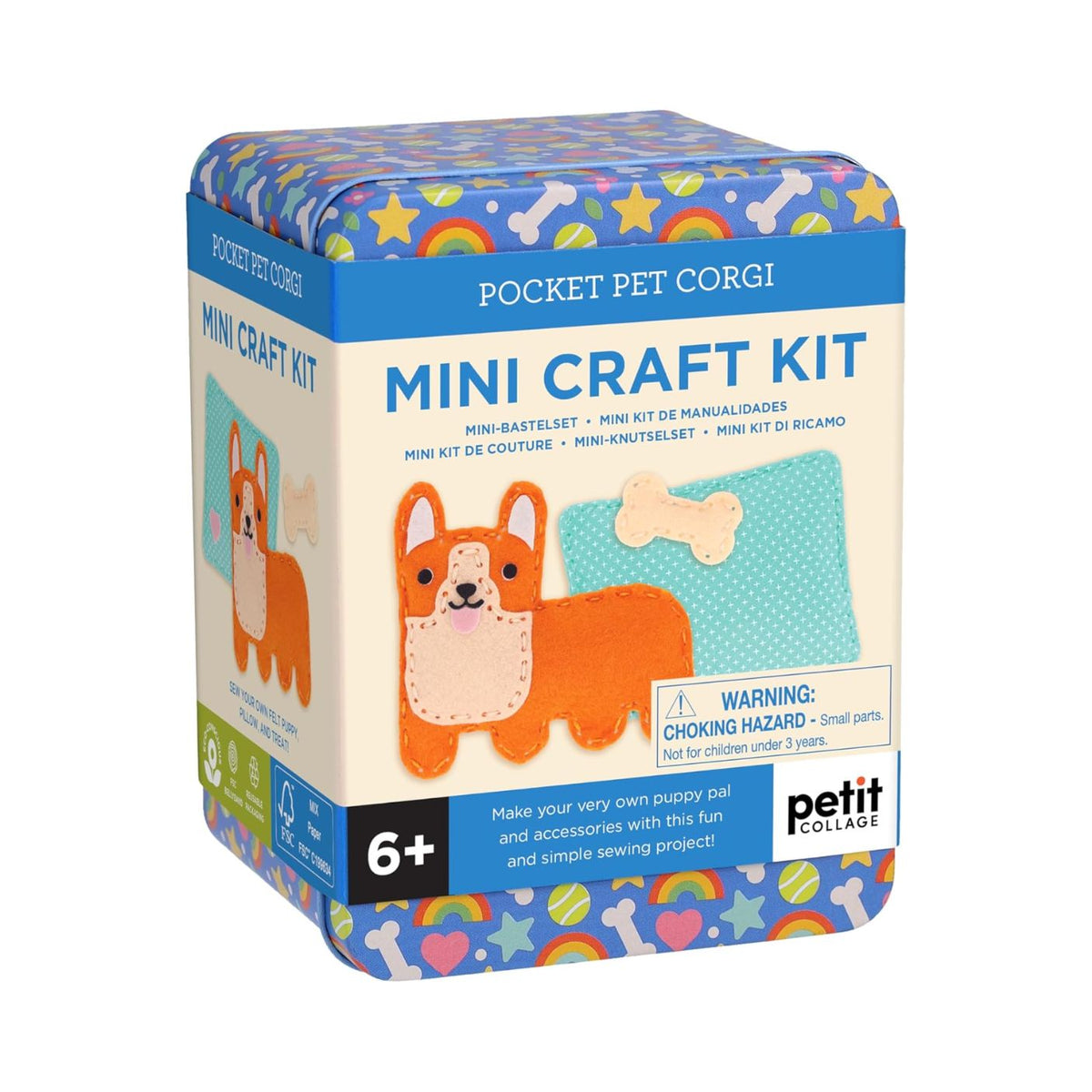Mini craft kit packaging with dog illustration and colorful design